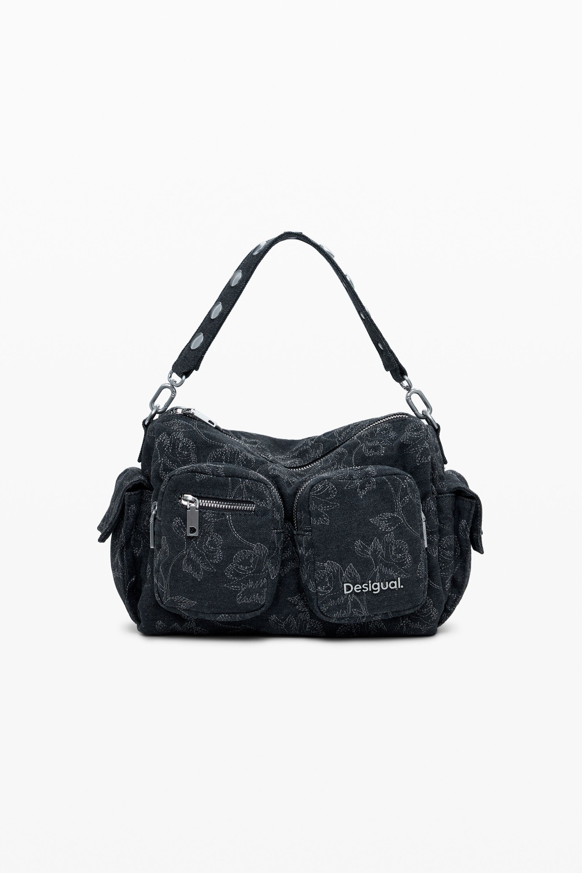Mittelgroße Denim-Tasche mit mehreren bestickten Taschen