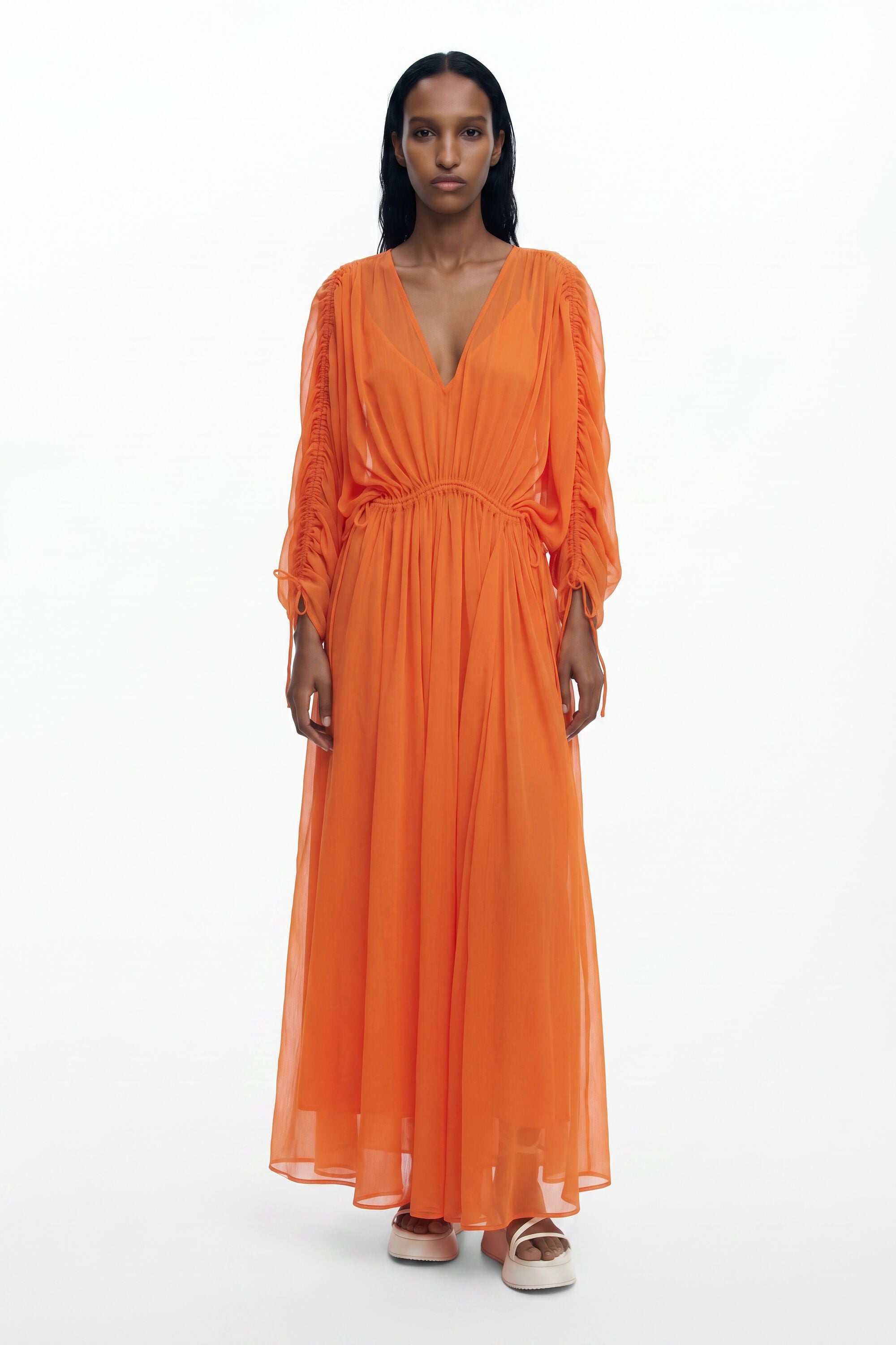 Robe longue vaporeuse, Polyester, Orange, XS