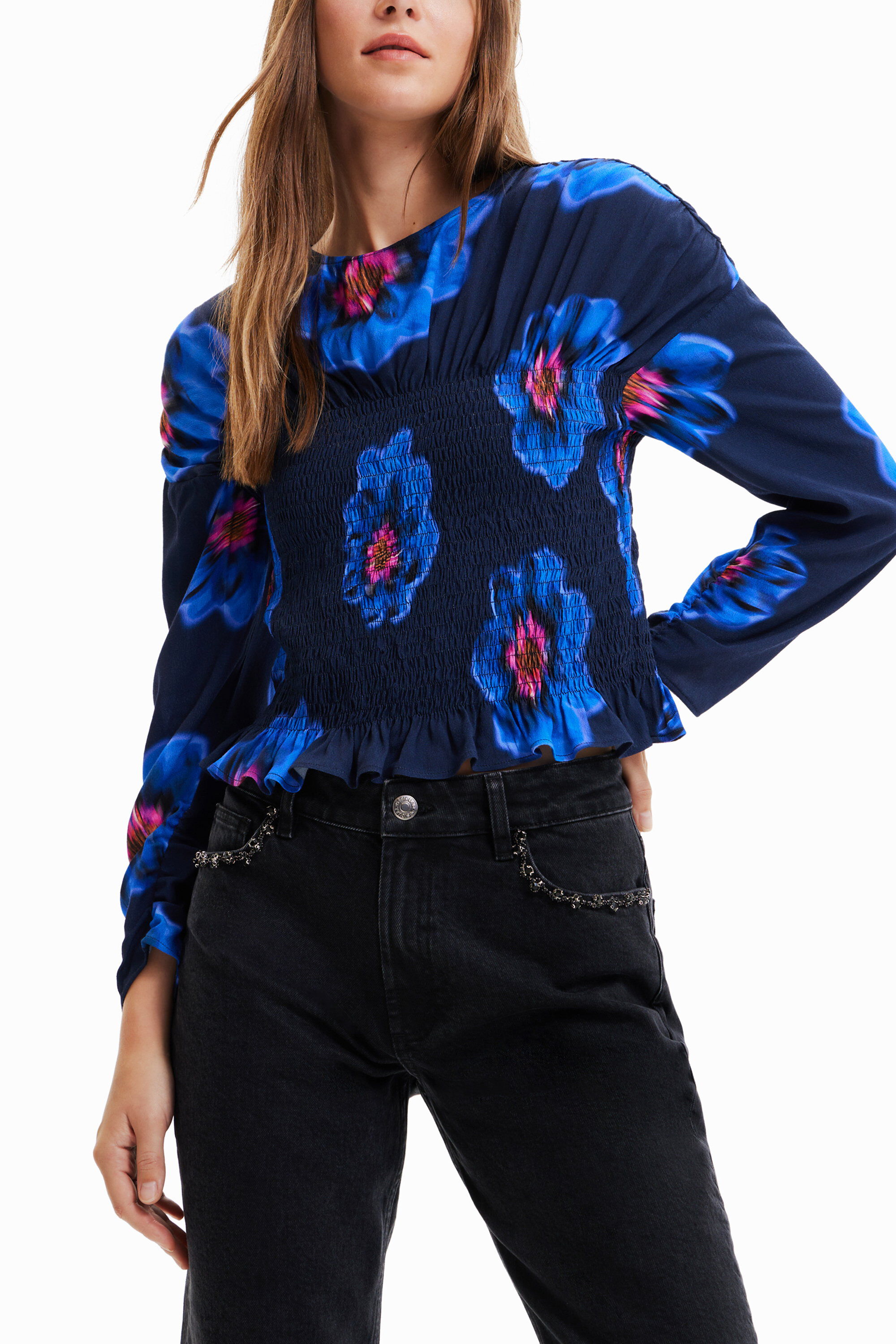 Geraffte Bluse Blumen BLUE S  - Onlineshop Desigual
