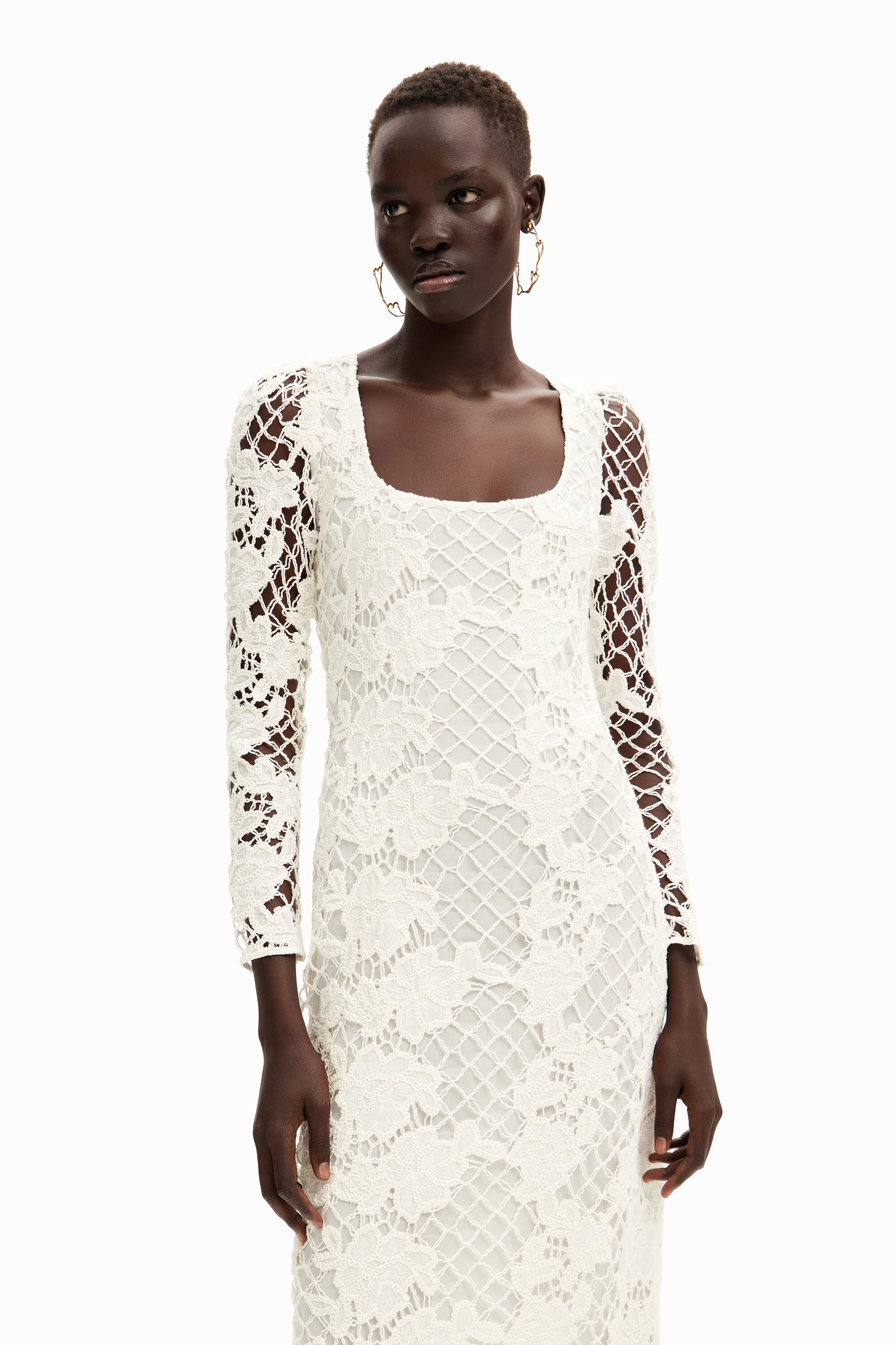 Long sleeve white lace 2025 midi dress