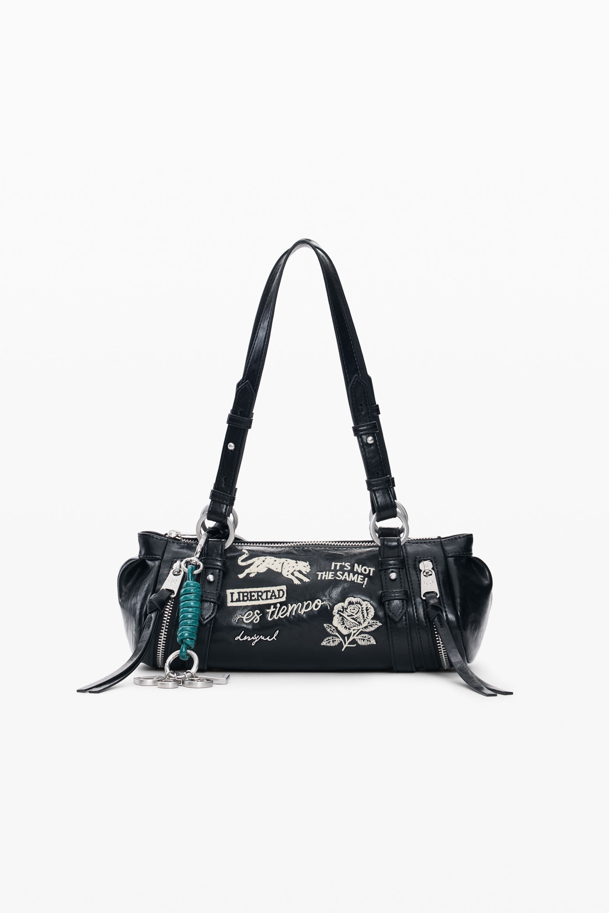 Bolso bordados mediano, Poliuretano, Negro, U