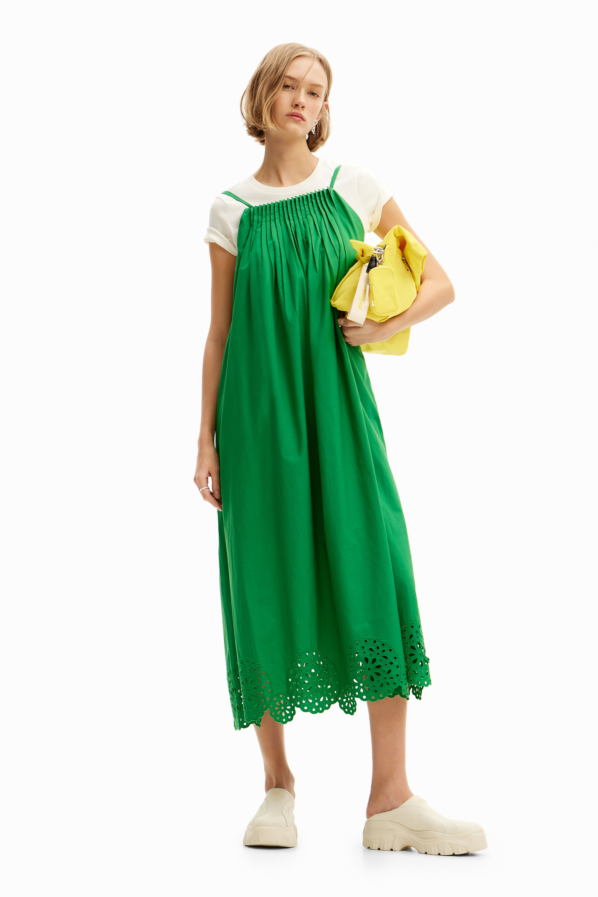 Pleated poplin midi dress - GREEN - L
