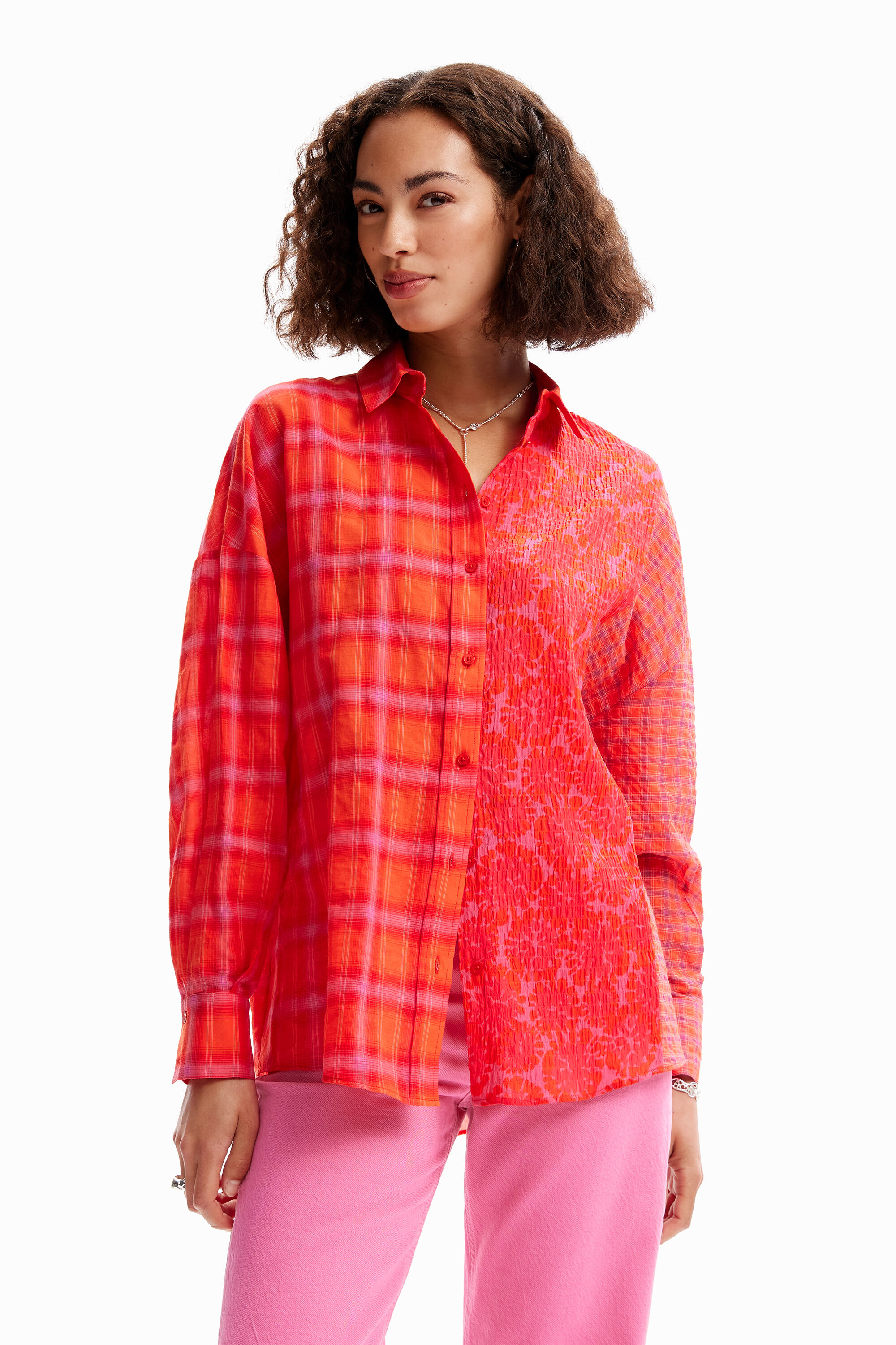 Oversize patchwork plaid shirt - ORANGE - S