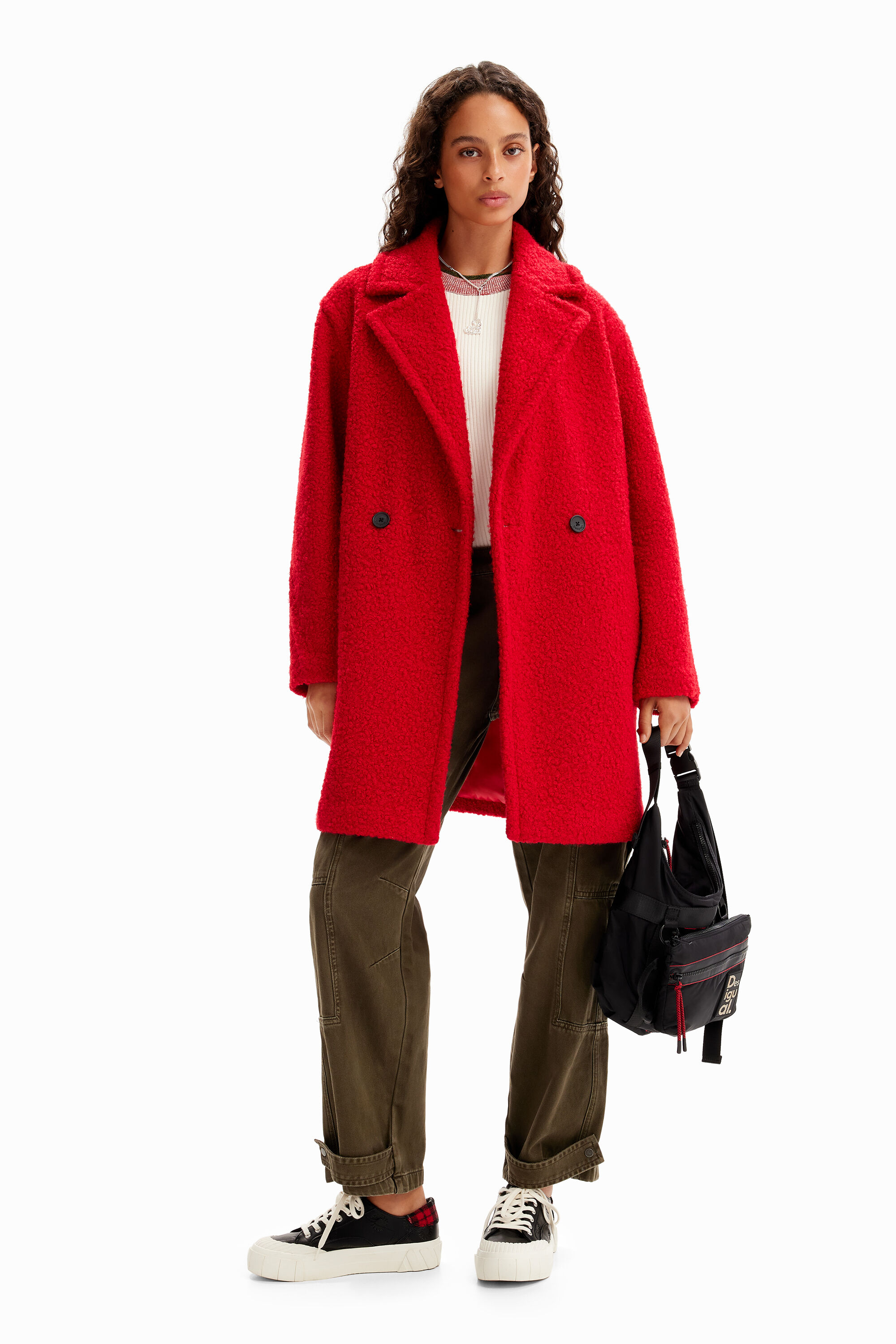 Double-breasted boucle coat - RED - XXL