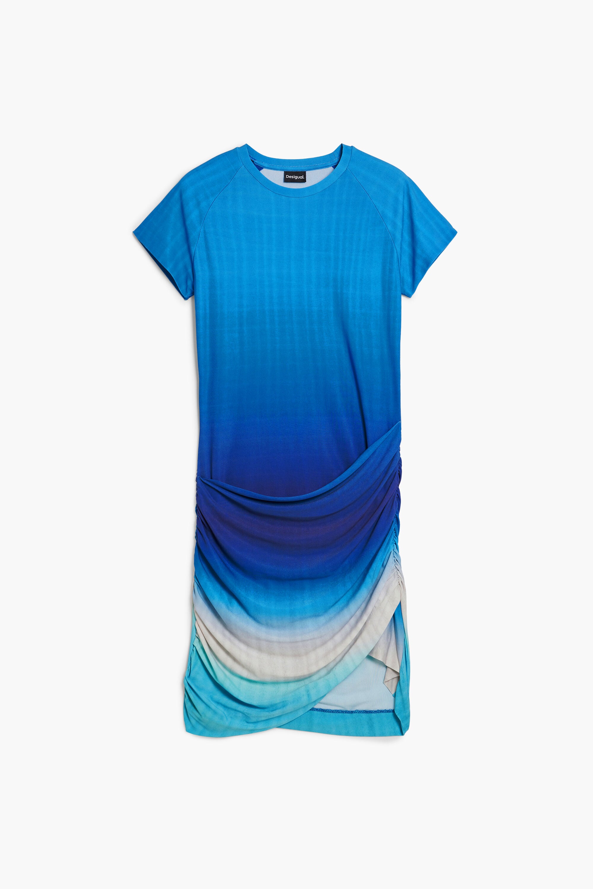 Desigual Damen Blau Kurzes Kleid Mit Drapiertem Rock, Polyester, L