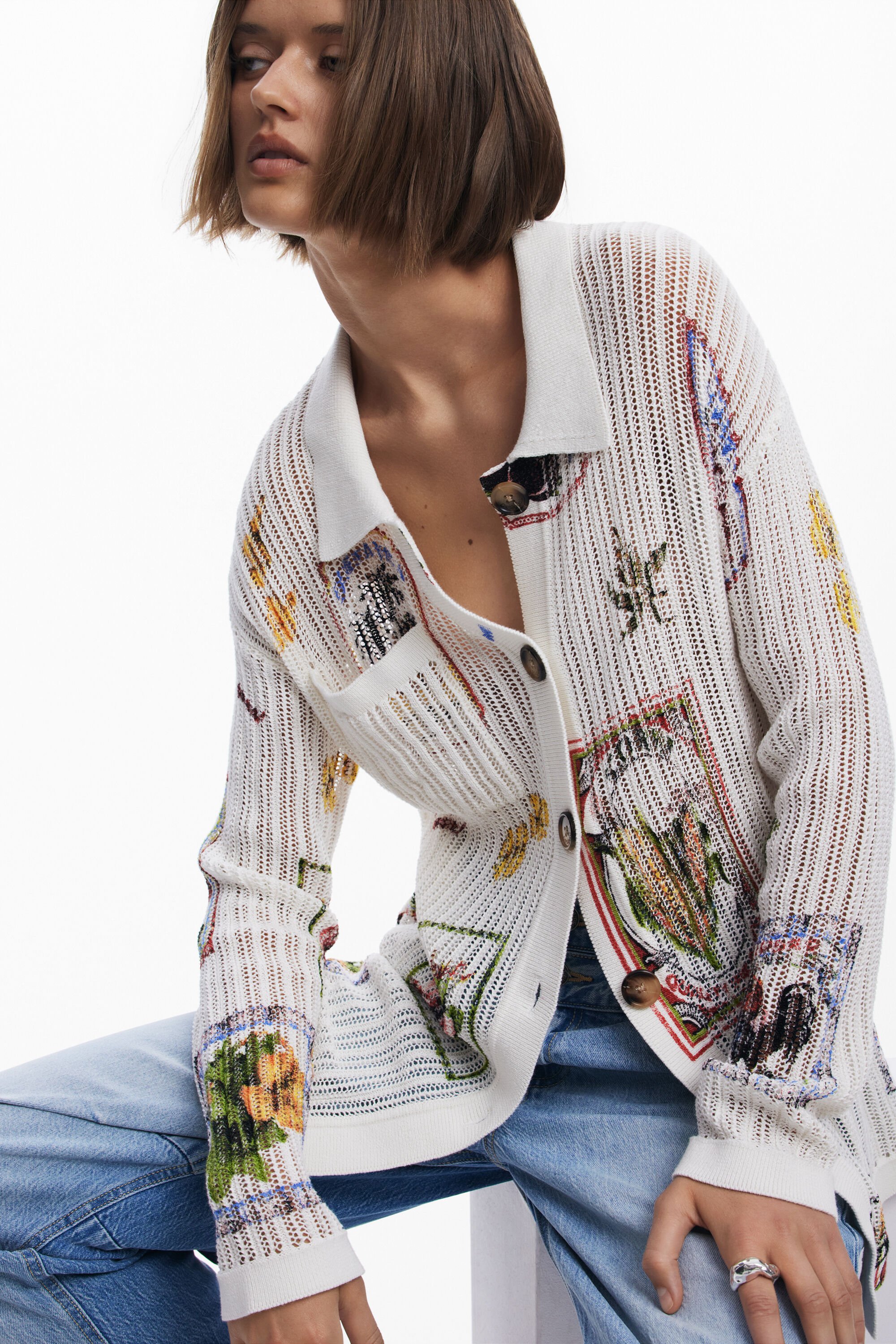 Desigual Garden Print Open Stitch Cardigan In White