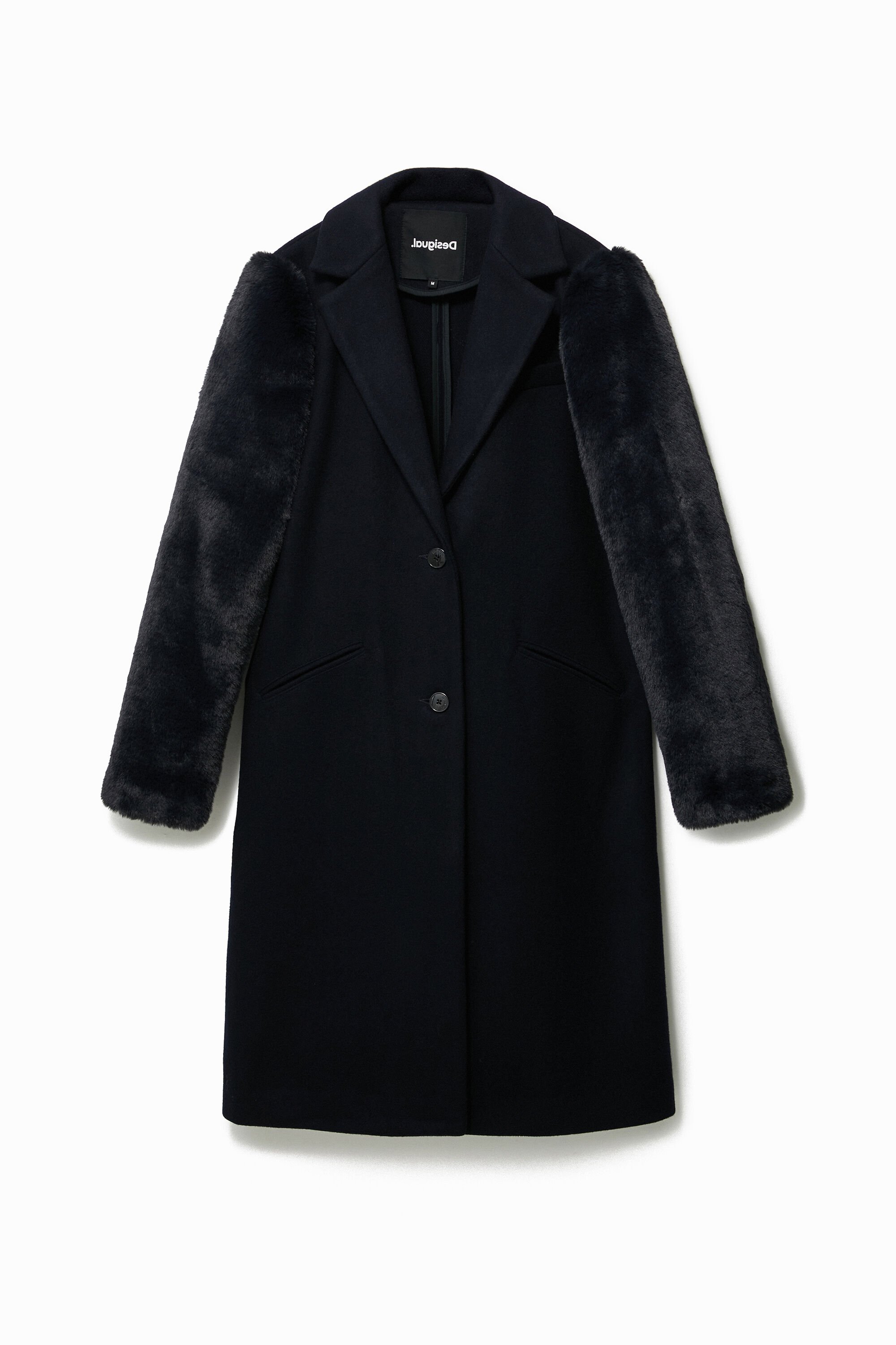 Coat with fur effect sleeves - BLUE - S