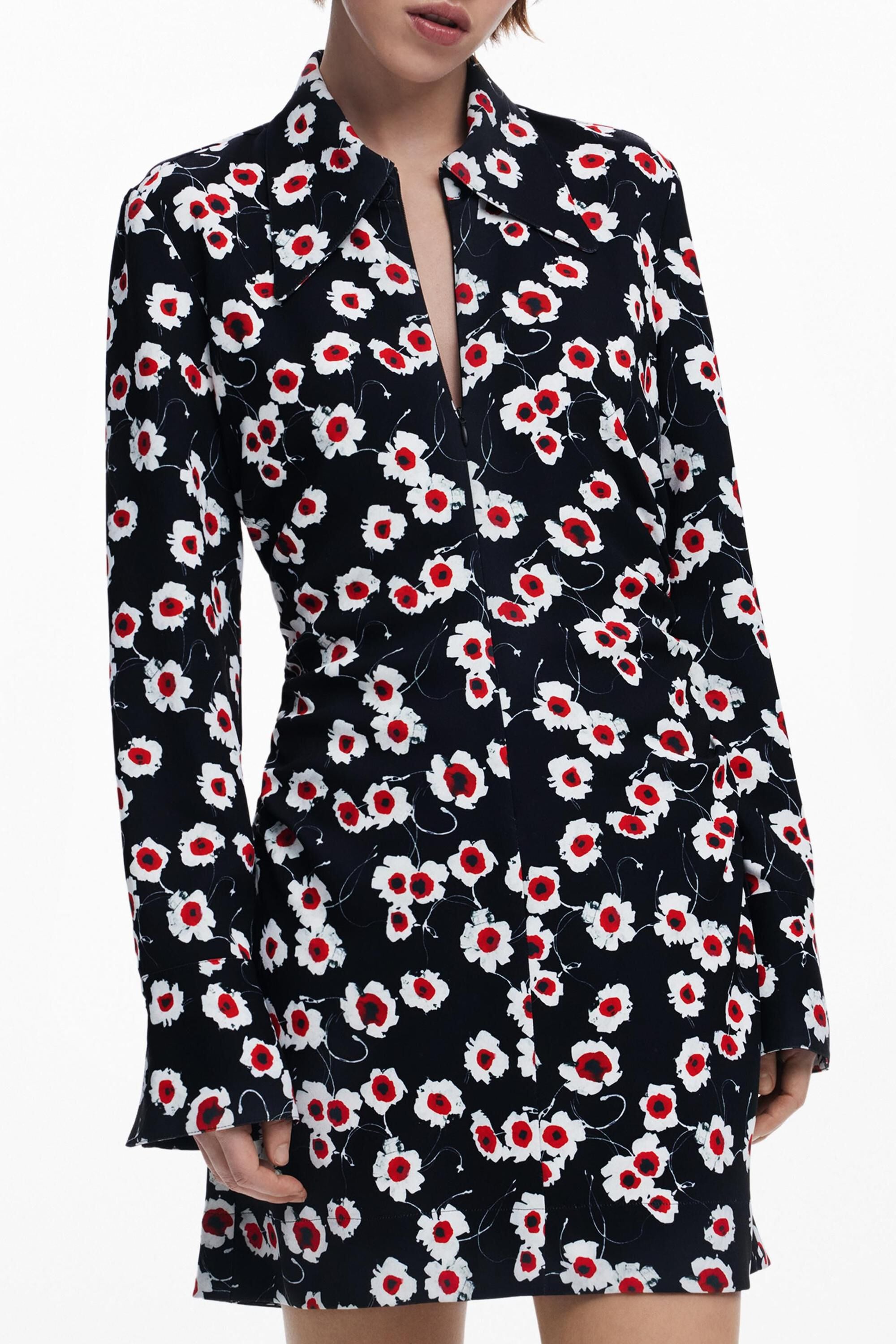 Vestido camisero corto flores, Poliester, Negro,