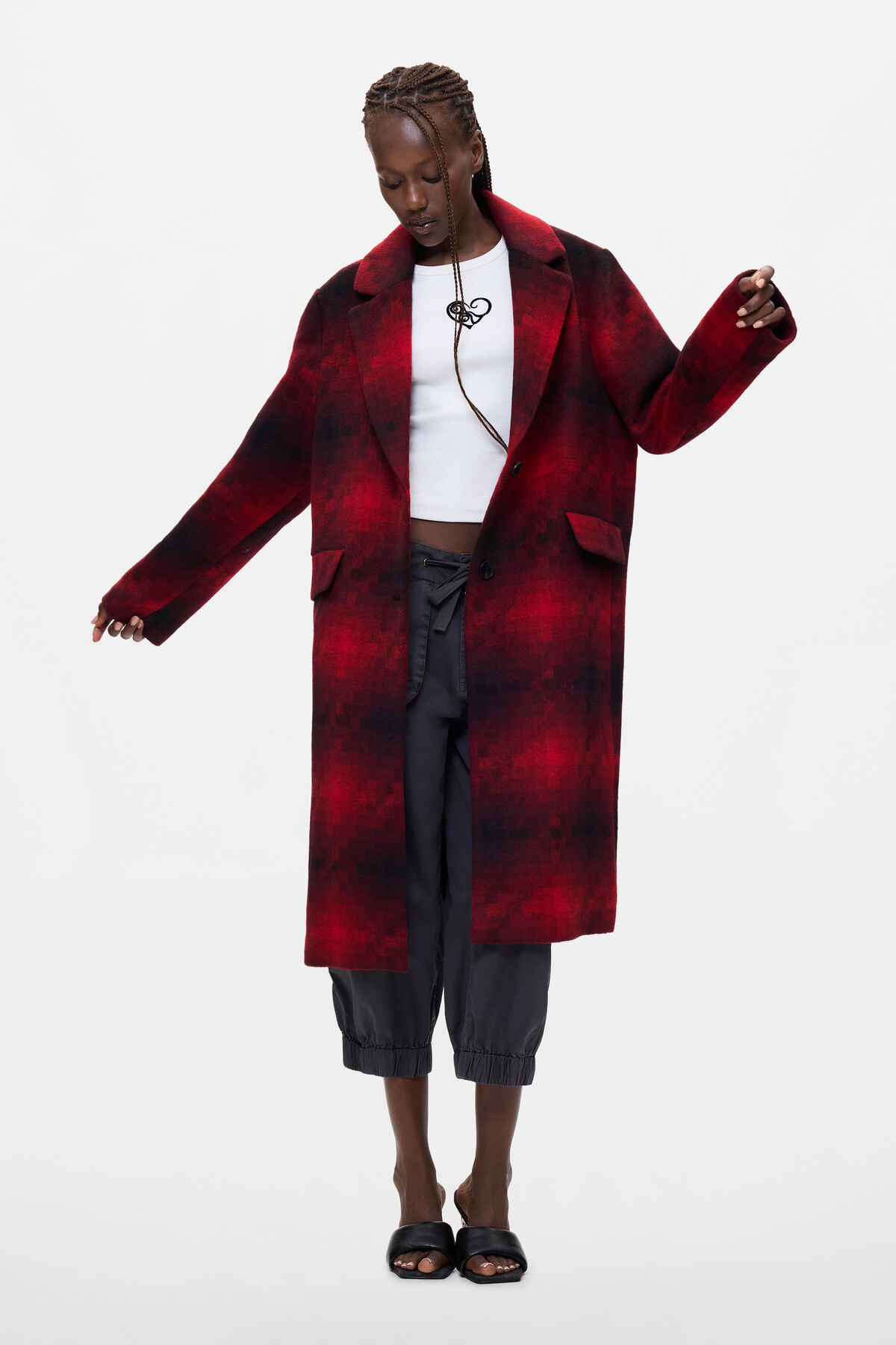 ウール入りロングチェックコート 赤 女性用 I Desigual.com