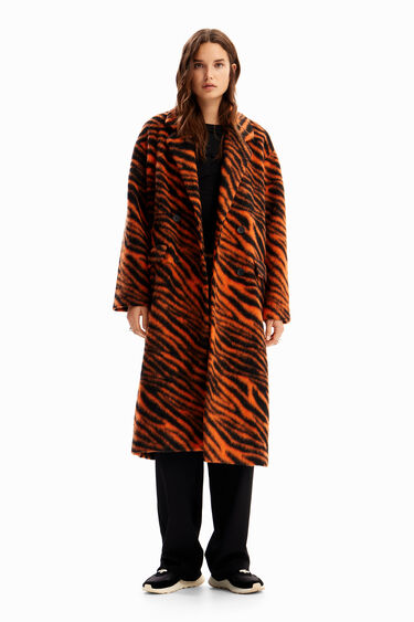 Long tiger print wool coat | Desigual