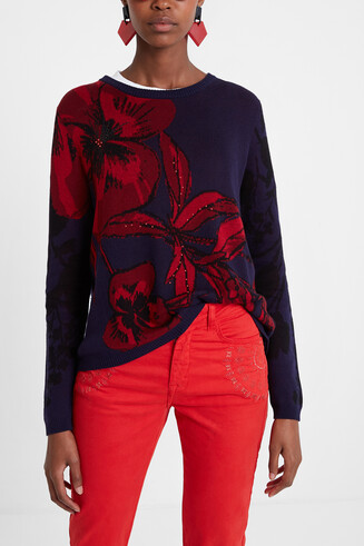 Blumiger Pullover mit Ausschnitt an der Rückseite