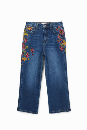 Wide leg embroidered jeans