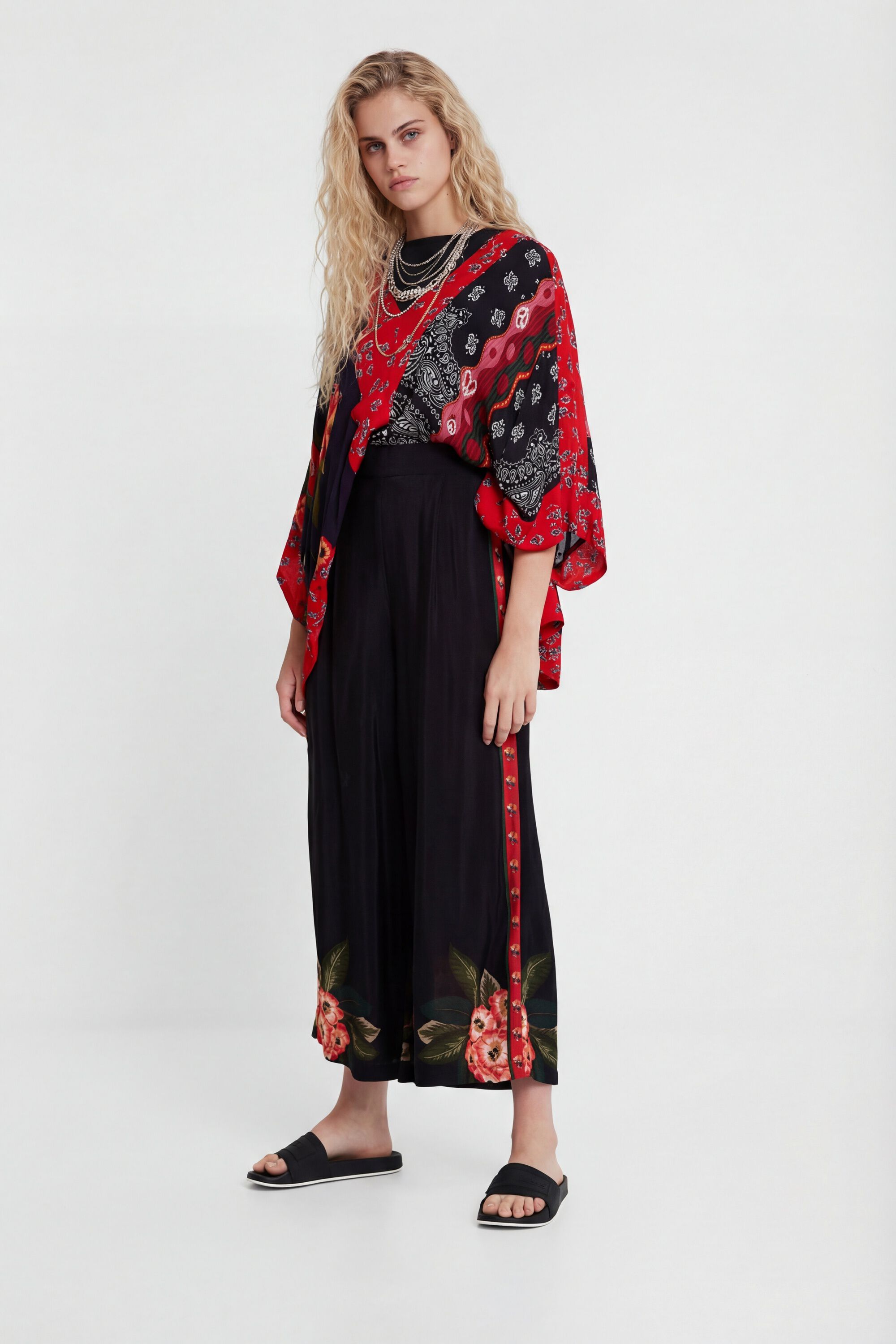 Desigual, Palazzo-Hose mit Blumenprint, Viskose, Schwarz, XL