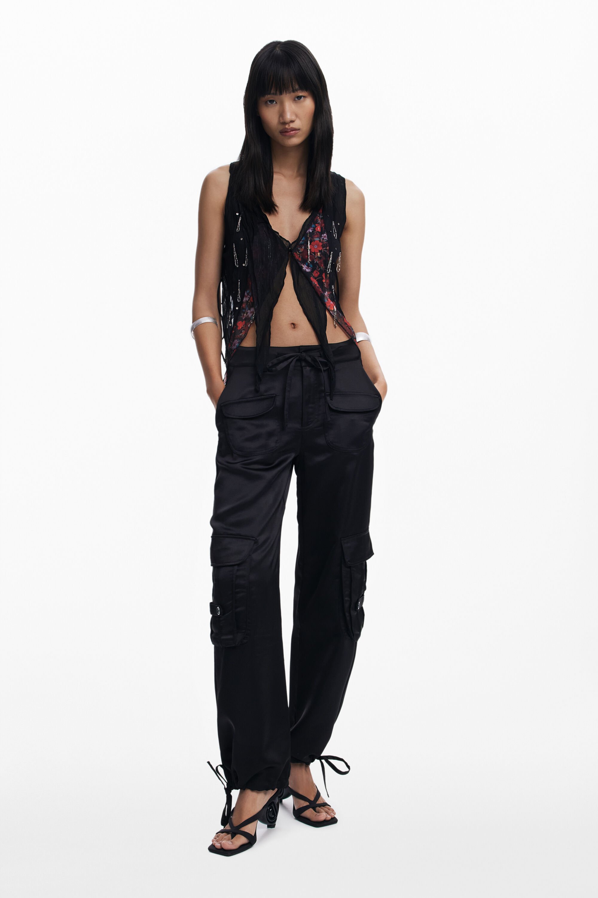 Desigual Satin Cargo Pants In Black