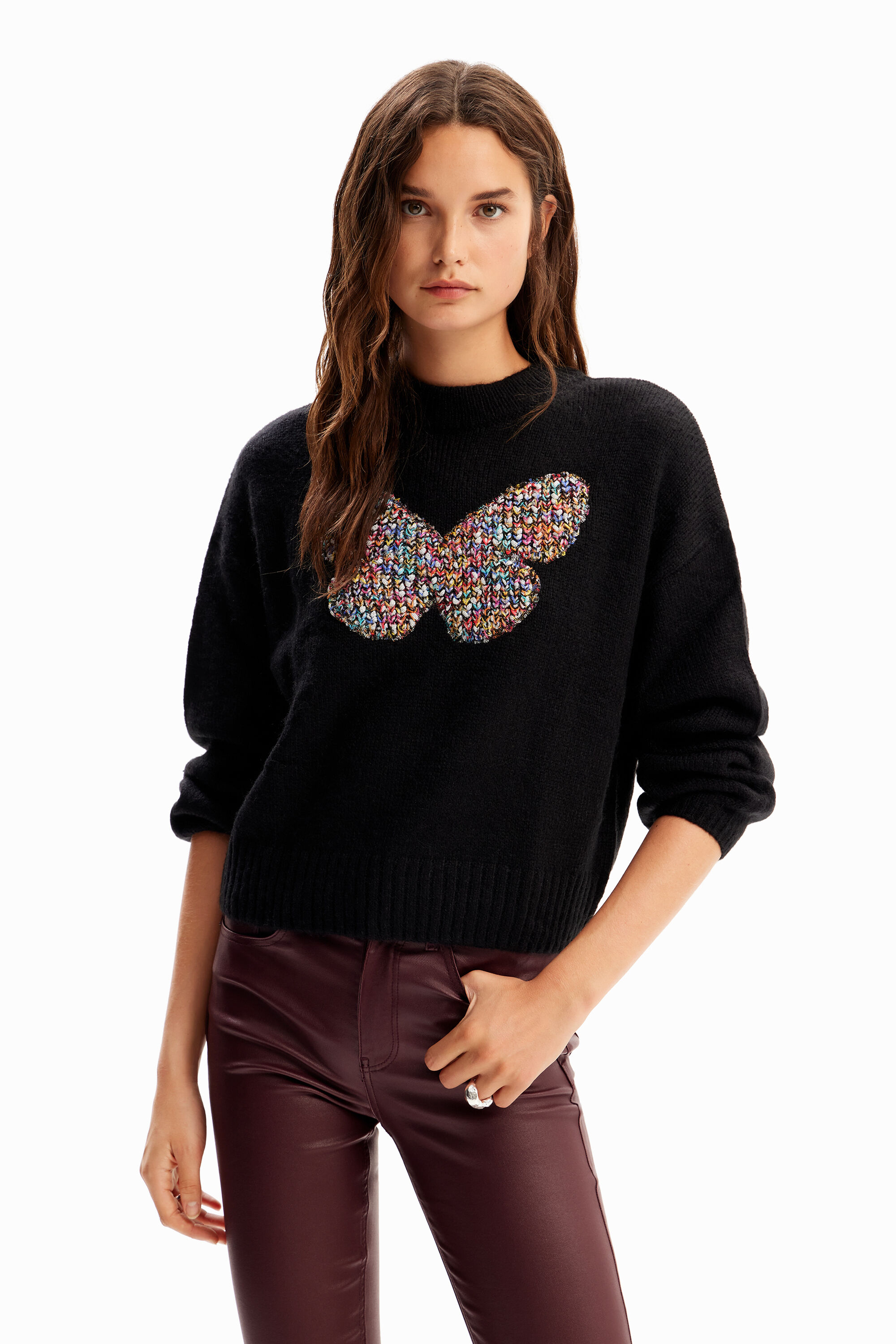 Desigual Chunky Knit Butterfly Pullover In Black