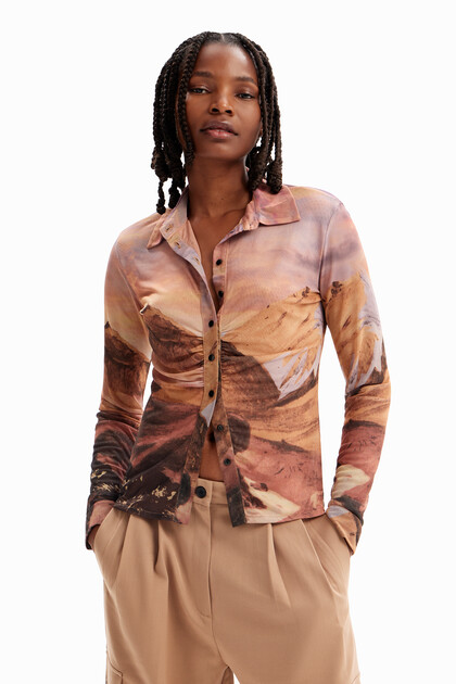 T-shirt franzida tule paisagem