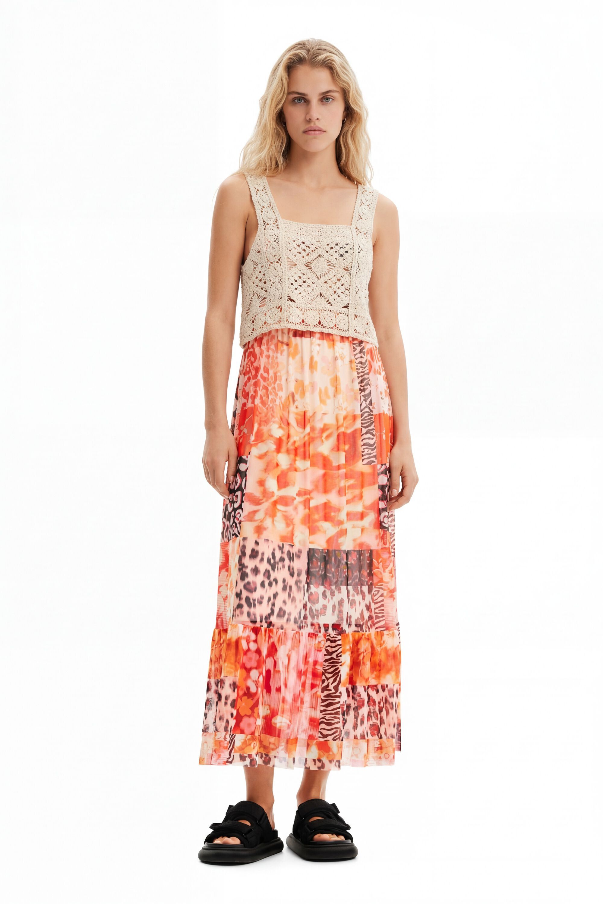 Desigual, Vestido largo 2 en 1 patch, Algodon, Naranja