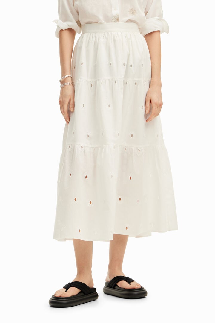 Falda midi bordado suizo | Desigual