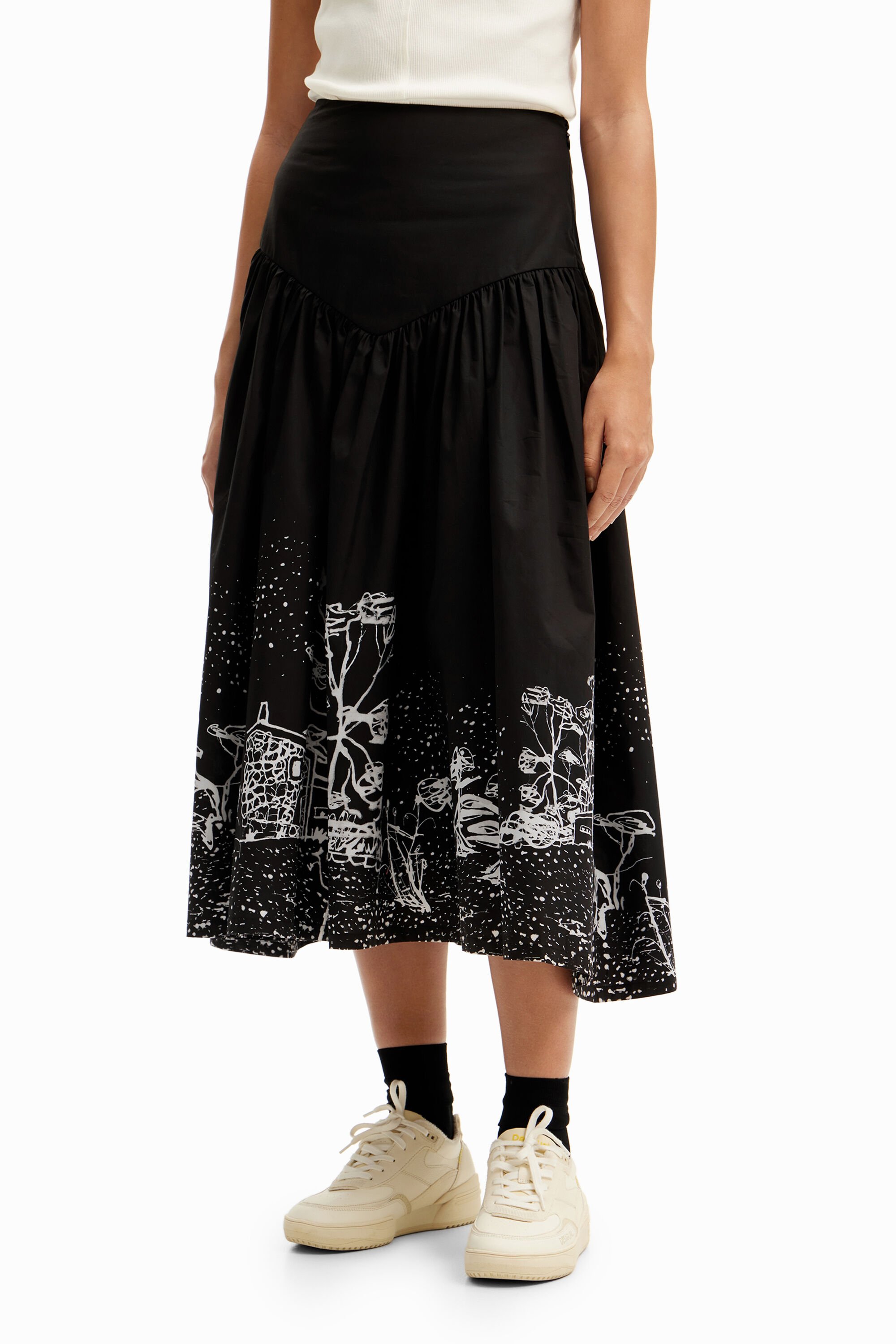 Shop Desigual Poplin Landscape Midi Skirt In Black