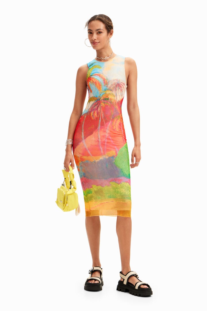 Sukienka midi z kolorowym tropikalnym wzorem