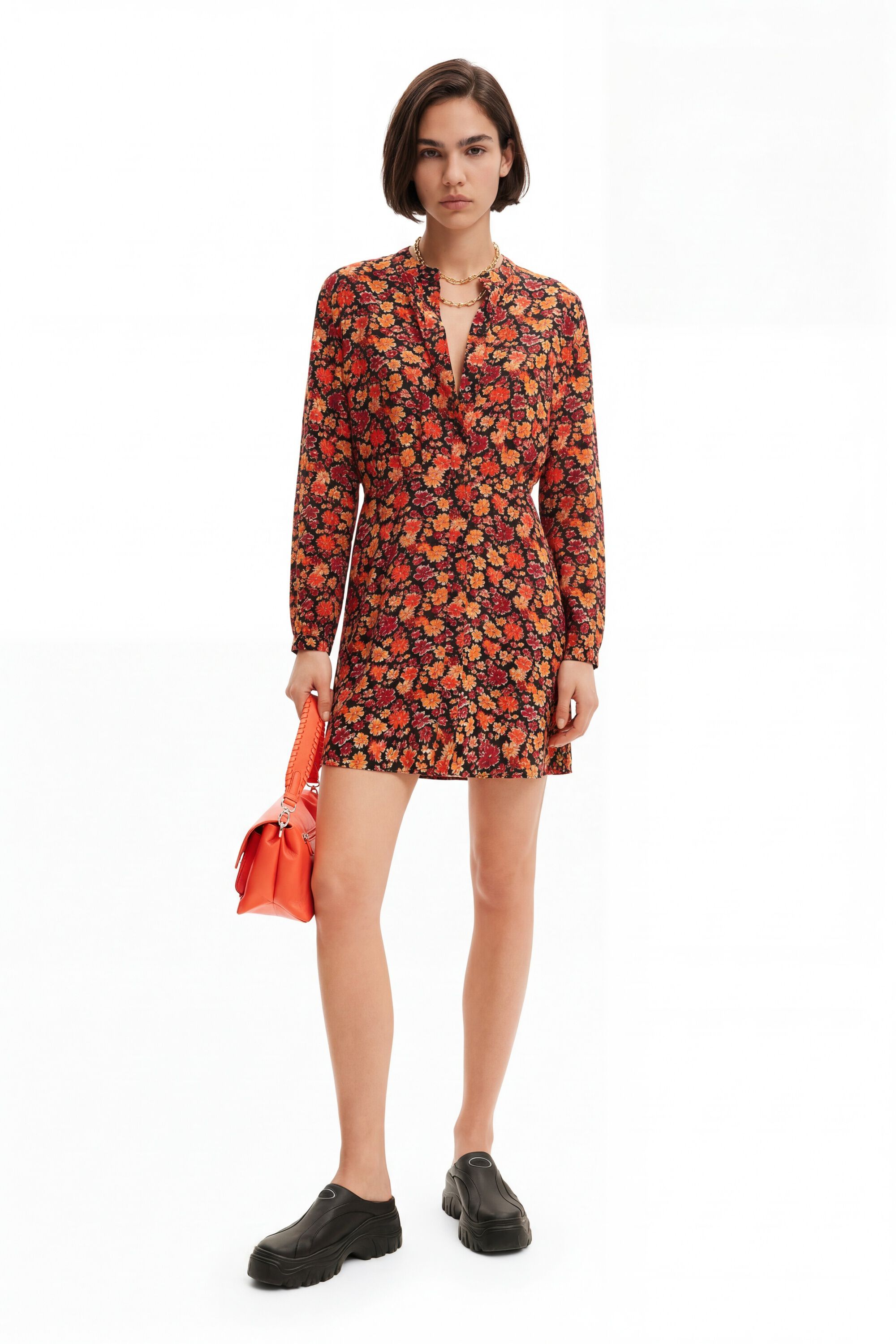 Desigual Donna Rosso Abito Chemisier Corto Fiori Piccolo