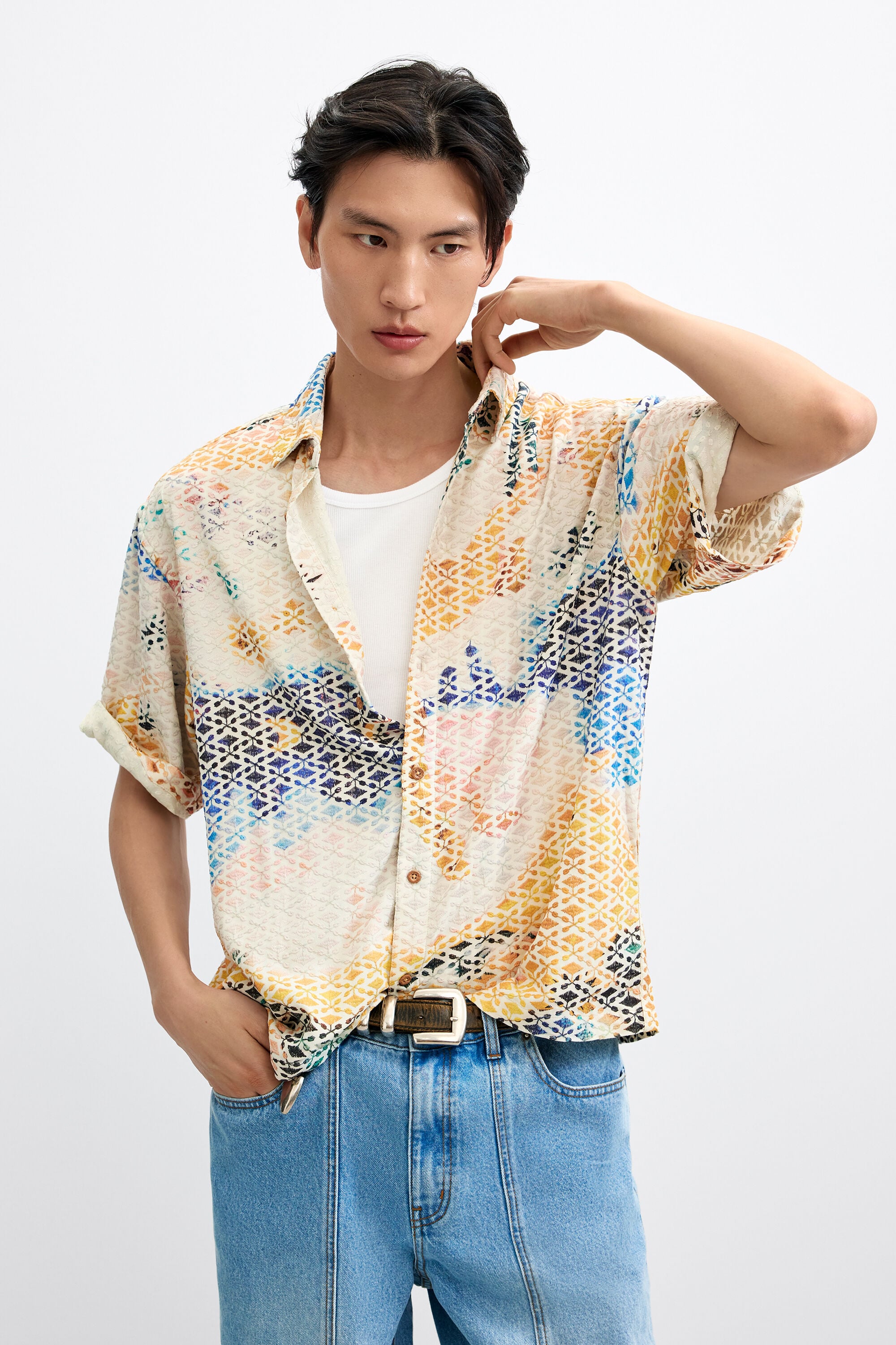 Desigual Homem Branco Camisa Estampada Bordada, S