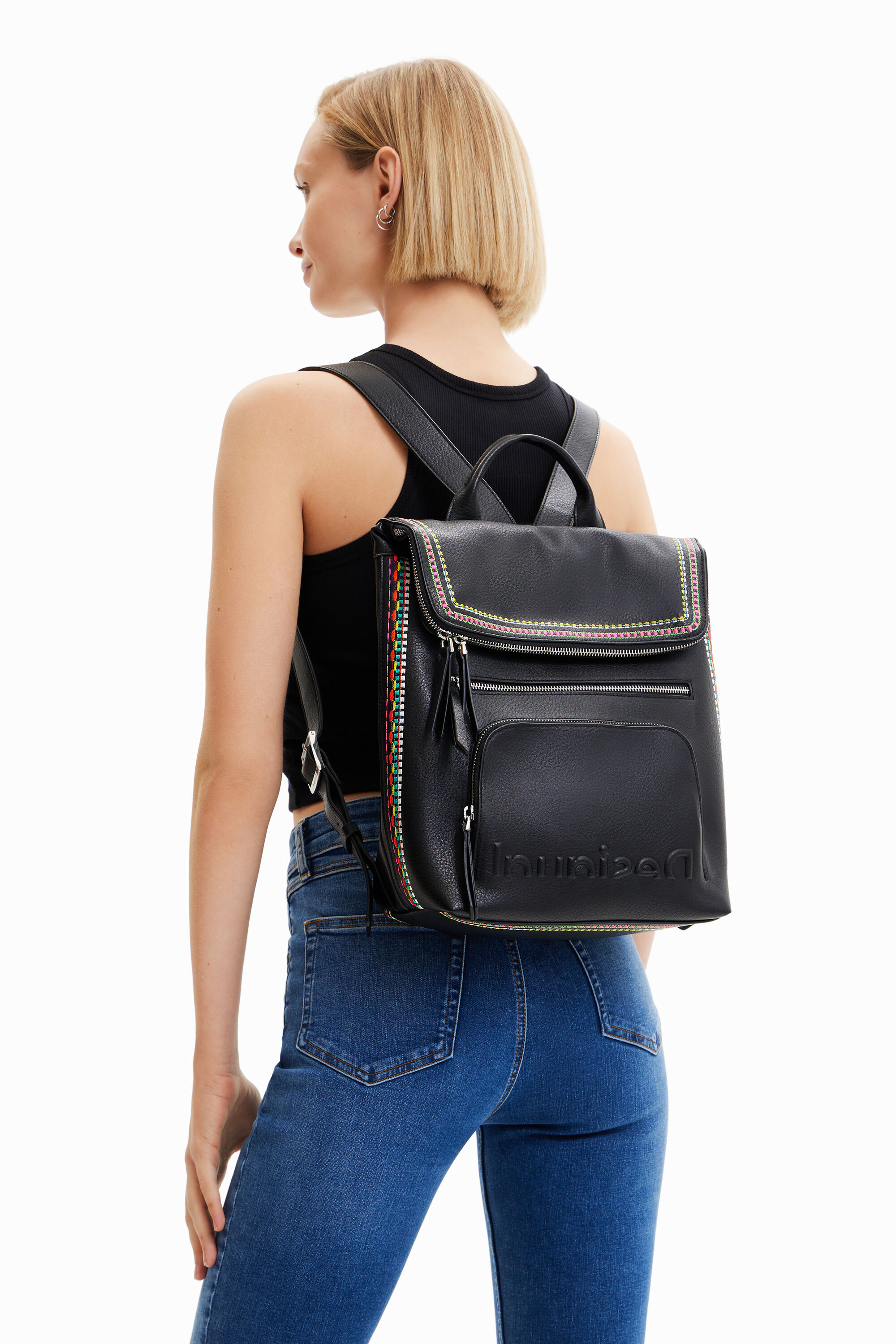 Shop Desigual Midsize Embroidered-flap Backpack In Black
