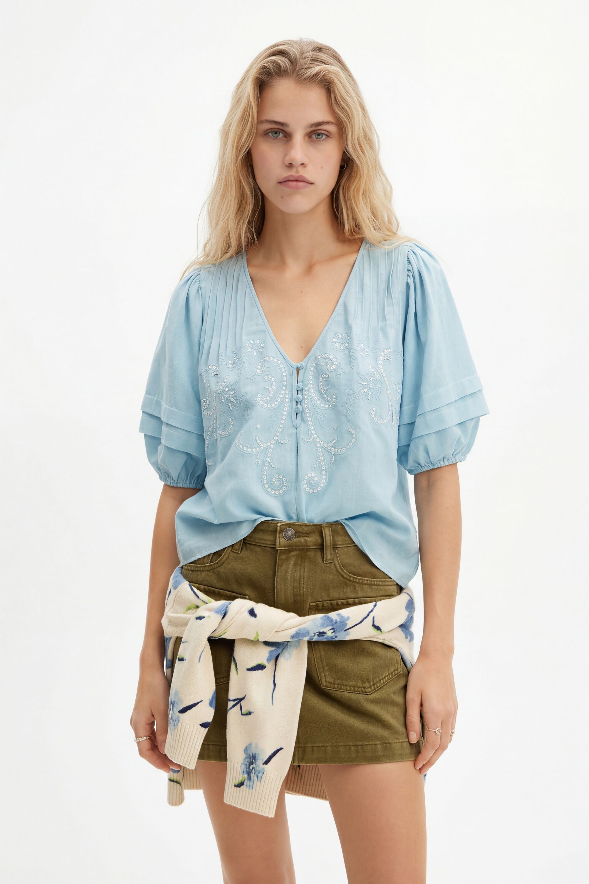 Blusa boho bordados - BLUE - XL