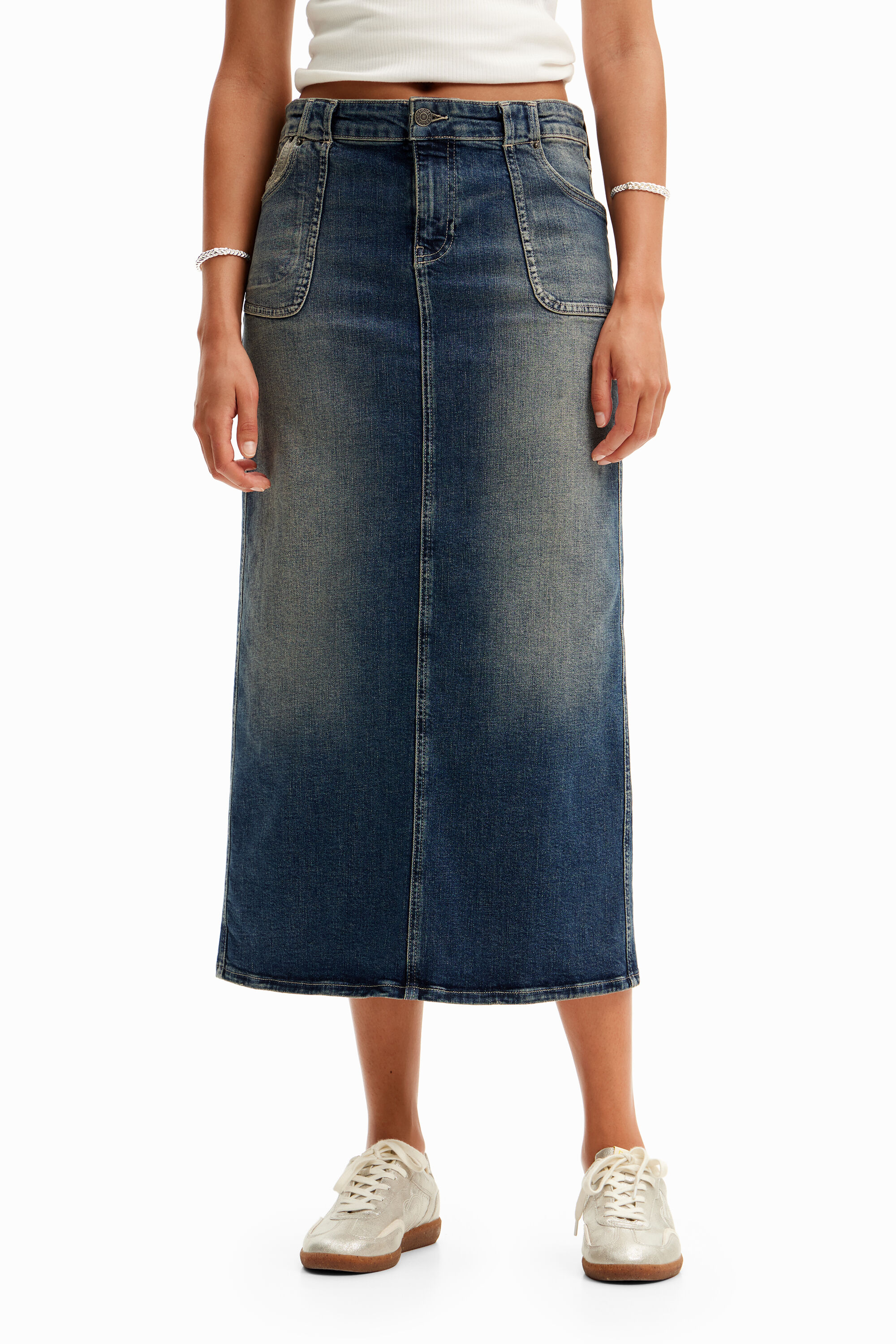 Shop Desigual Denim Midi Skirt In Blue