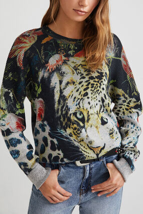 Dzianinowy sweter z nadrukiem zwierzęcym w kwiaty