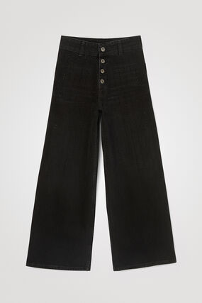 Spodnie dżinsowe o prostym kroju z szerokimi nogawkami i zdobieniem