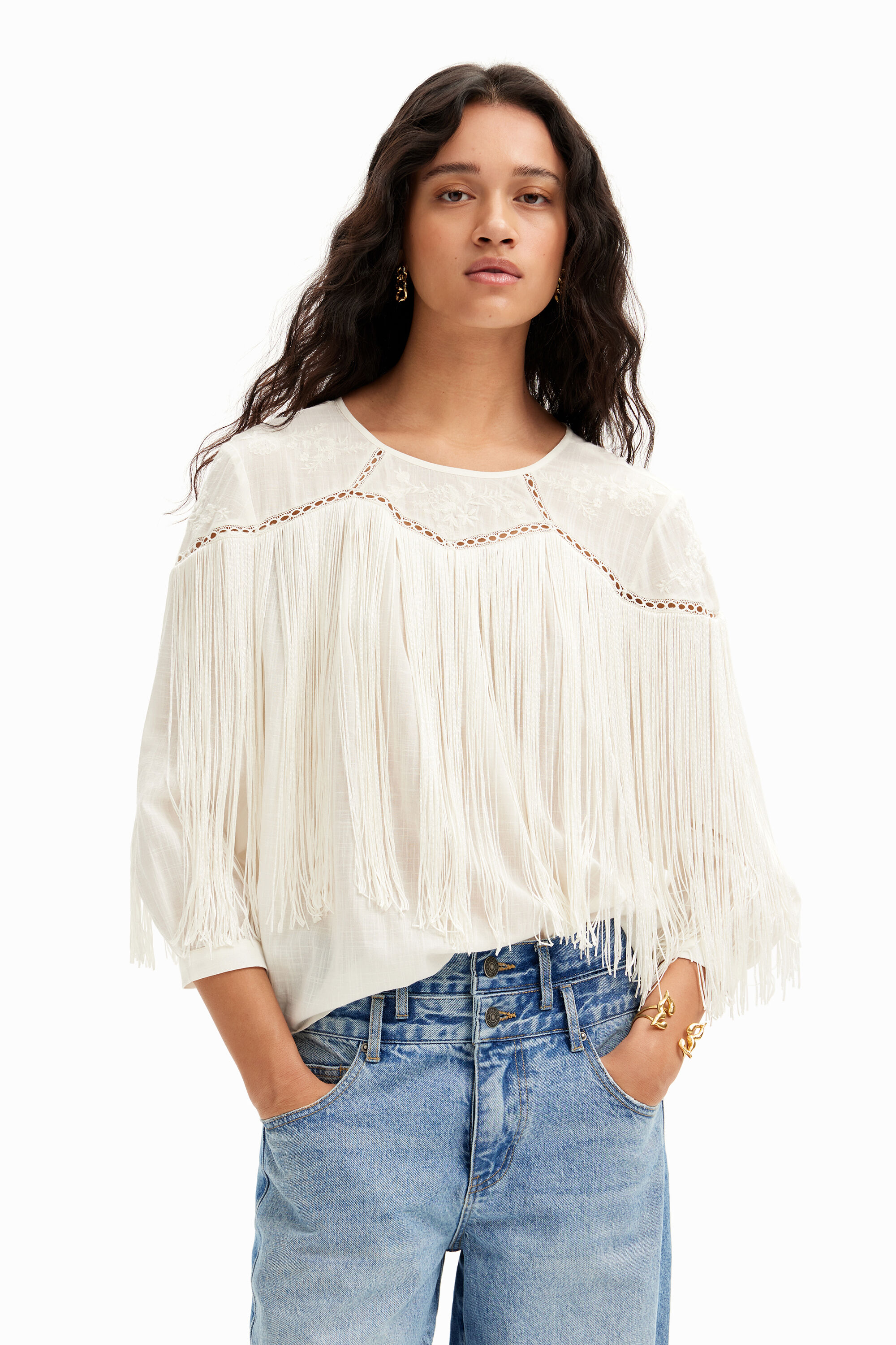 Embroidered fringing blouse - WHITE - M