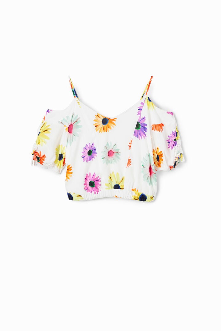 Short gathered floral blouse