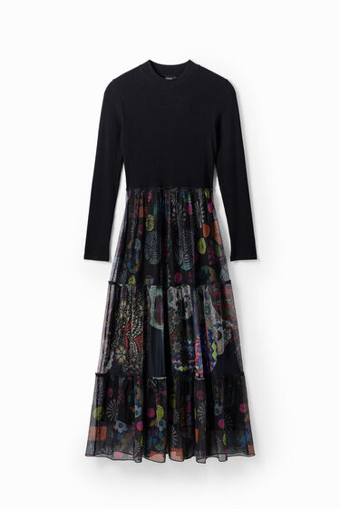 Vestido Midi Combinado Con Cuello Redondo Noir Desigual - Mujer