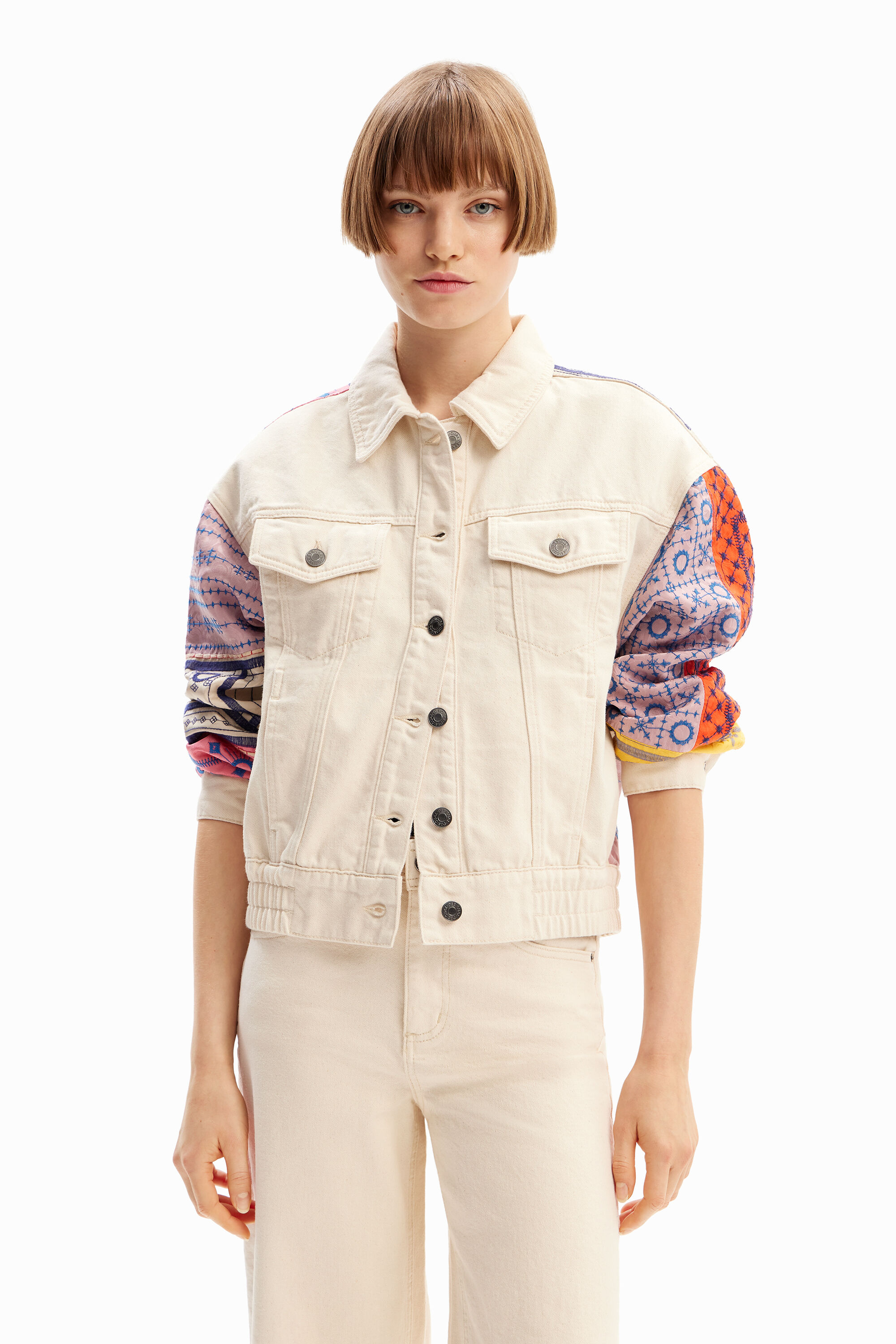 Shop Desigual Short Embroidered Denim Jacket In Green