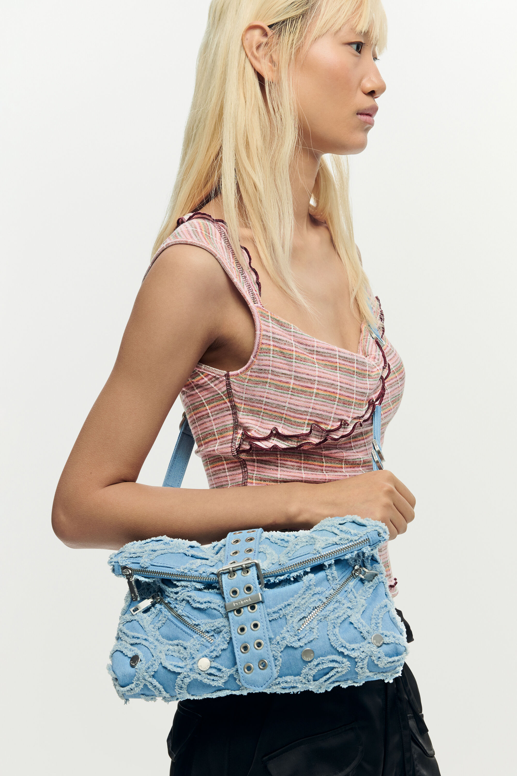 Embroidered denim bag blue women's accessories I Desigual.com