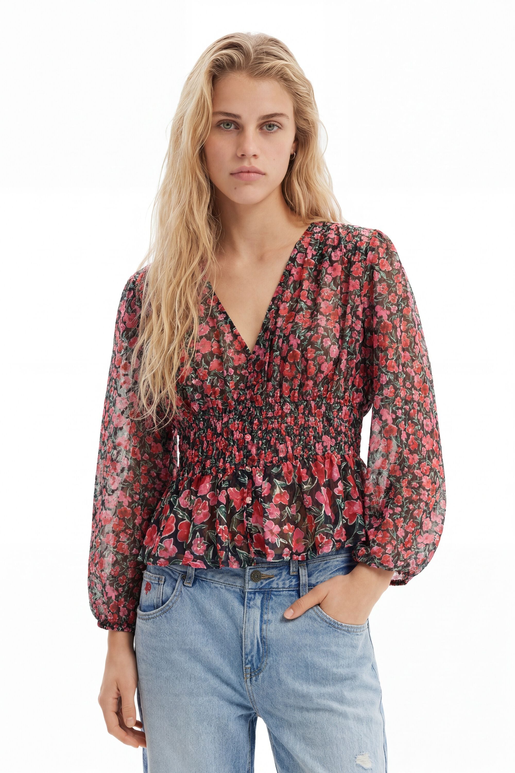 Desigual Women's Black Floral Plumetis Blouse, Polyester, Xs