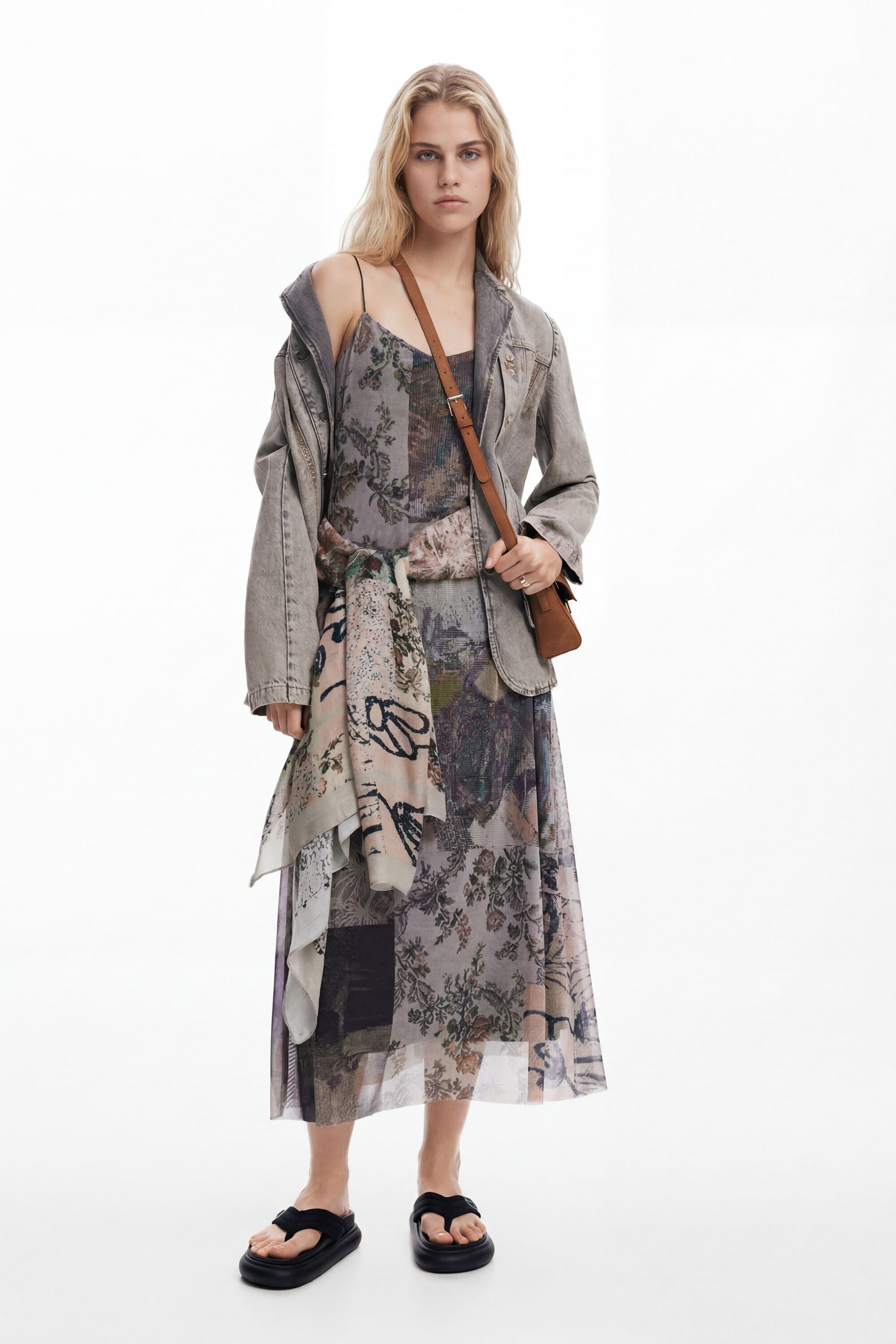 Desigual, Vestido tul estampado, Poliester, Blanco