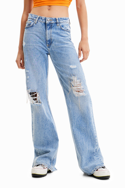 Wide-leg rhinestone jeans