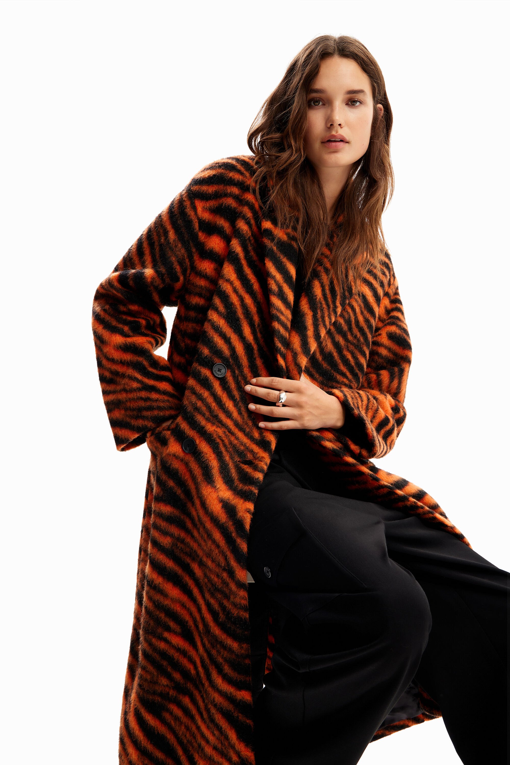 Long tiger print wool coat