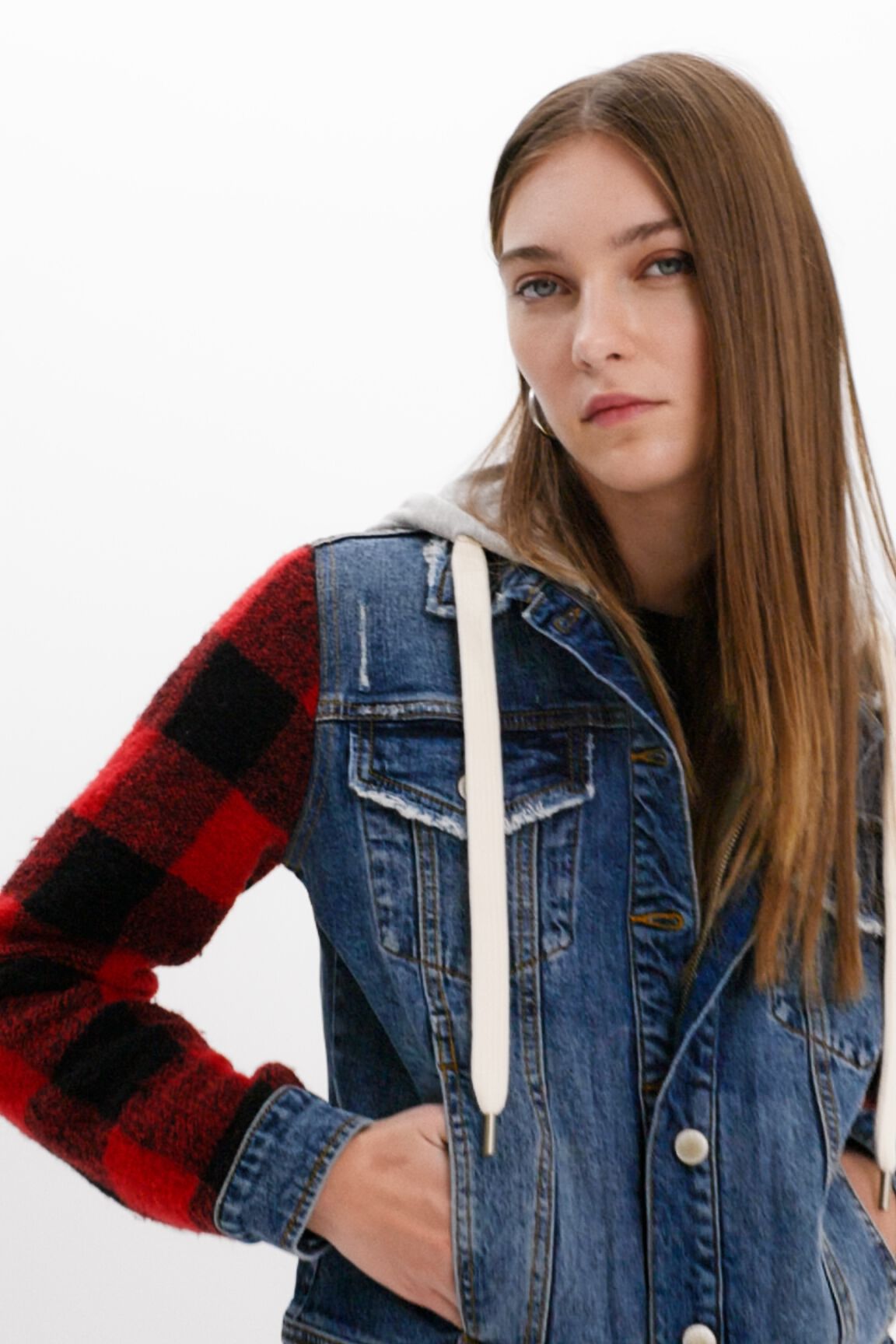 Denim jacket with plaid sleeves 