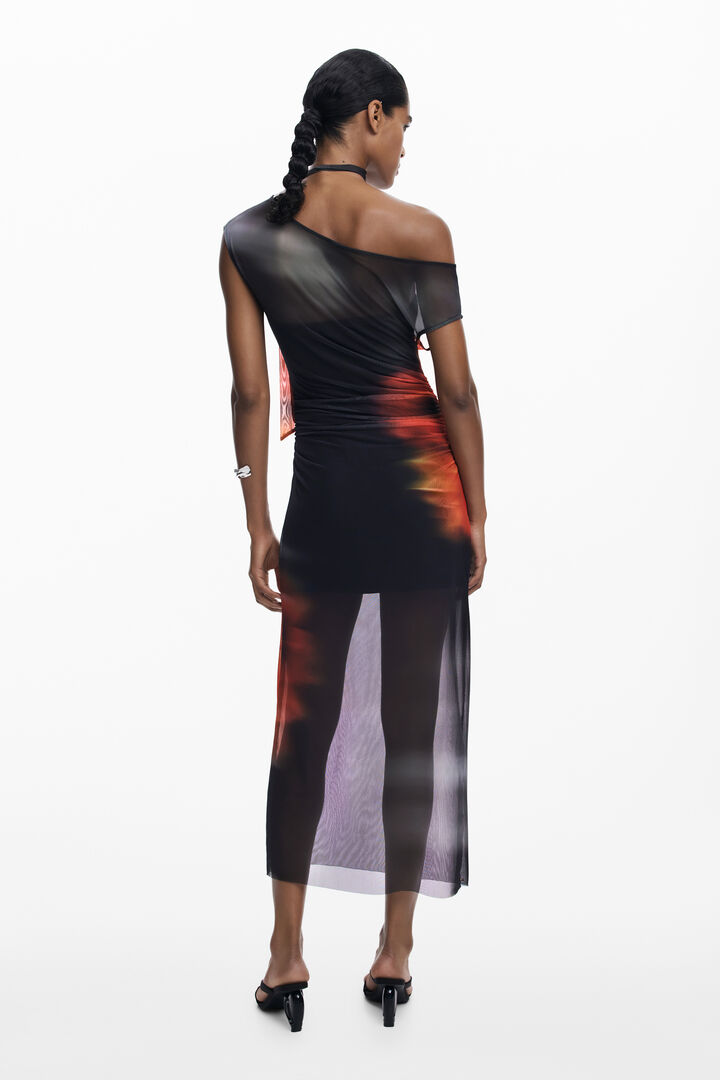 Robe drapée à décolleté asymétrique fleur | Desigual