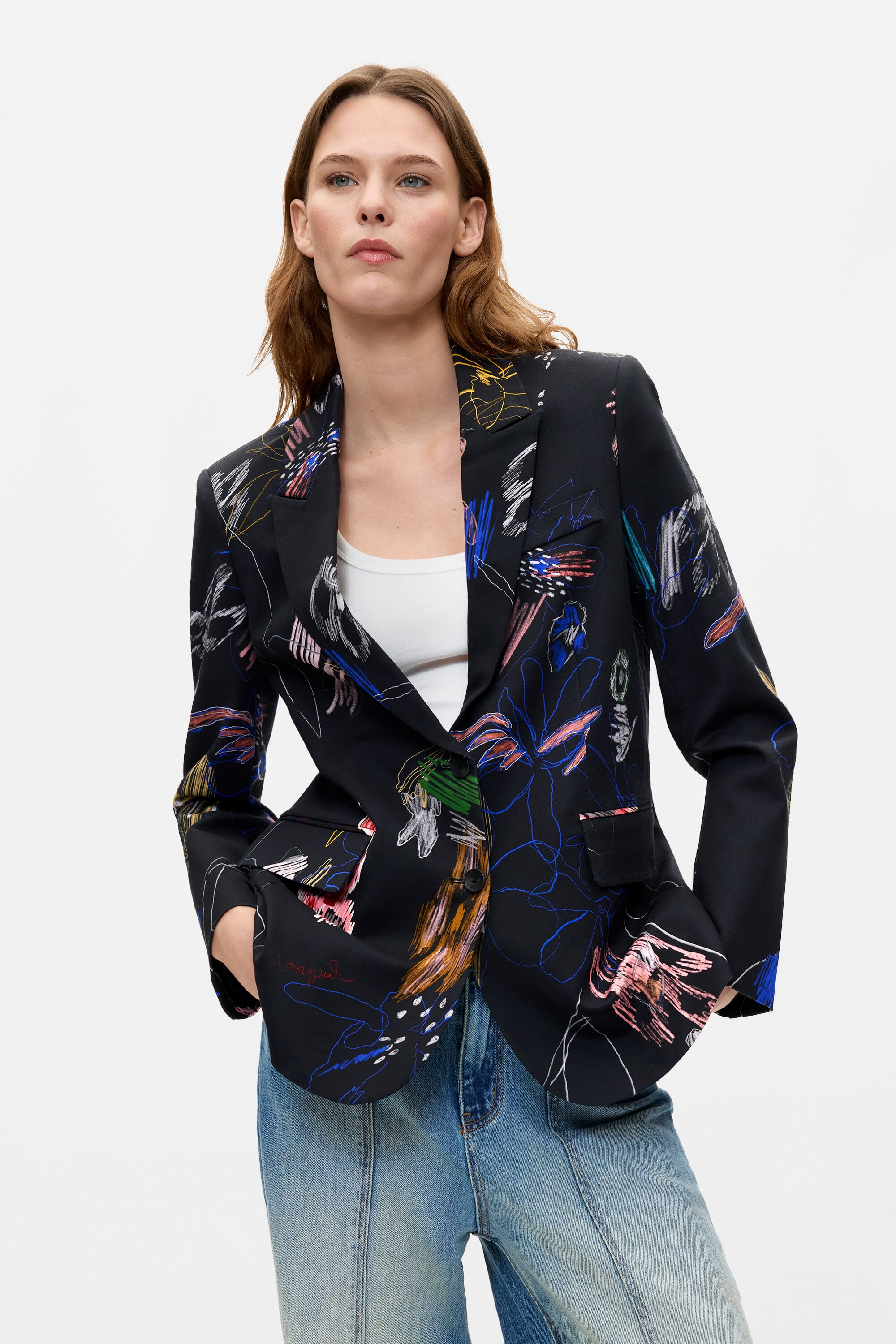 Desigual, Americana Estampado Floral, Algodon, Negro