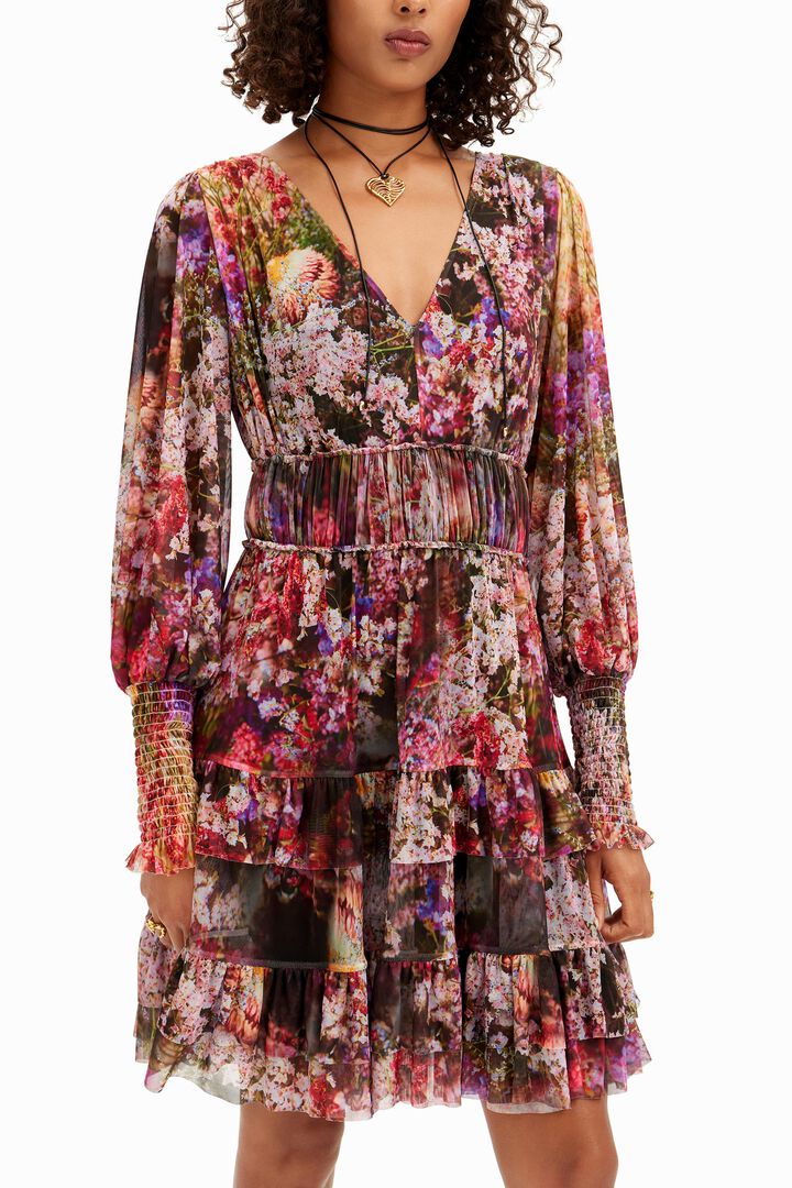 フリル袖の長袖ショートドレス、花柄プリント | Desigual