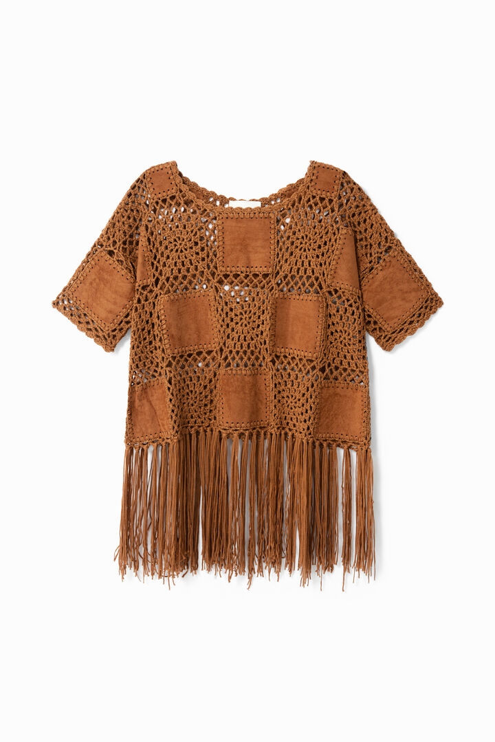 Pull patch en crochet, cuir et à franges | Desigual