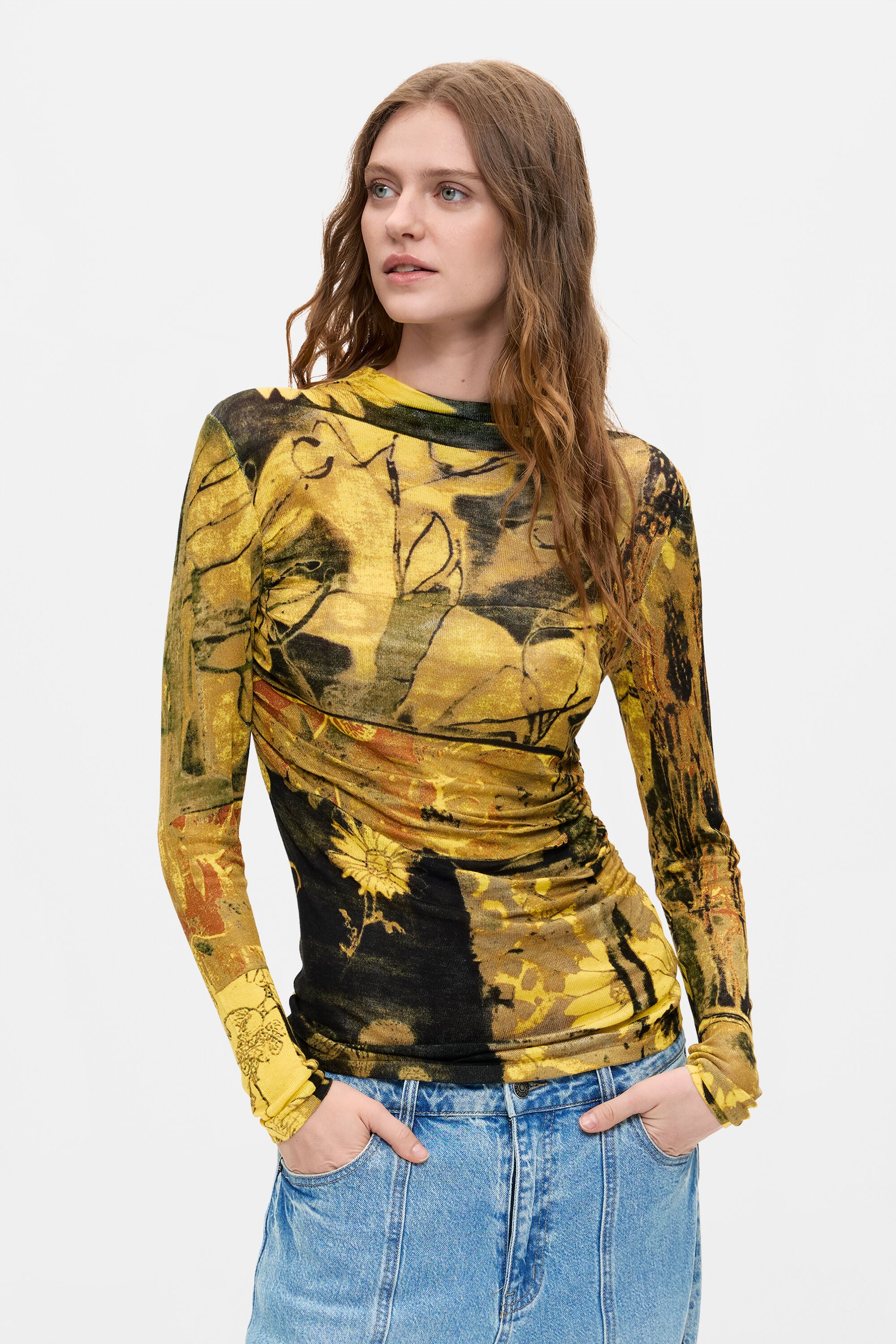 Desigual Donna Verde Maglione Stampato Leggero Extra Piccolo