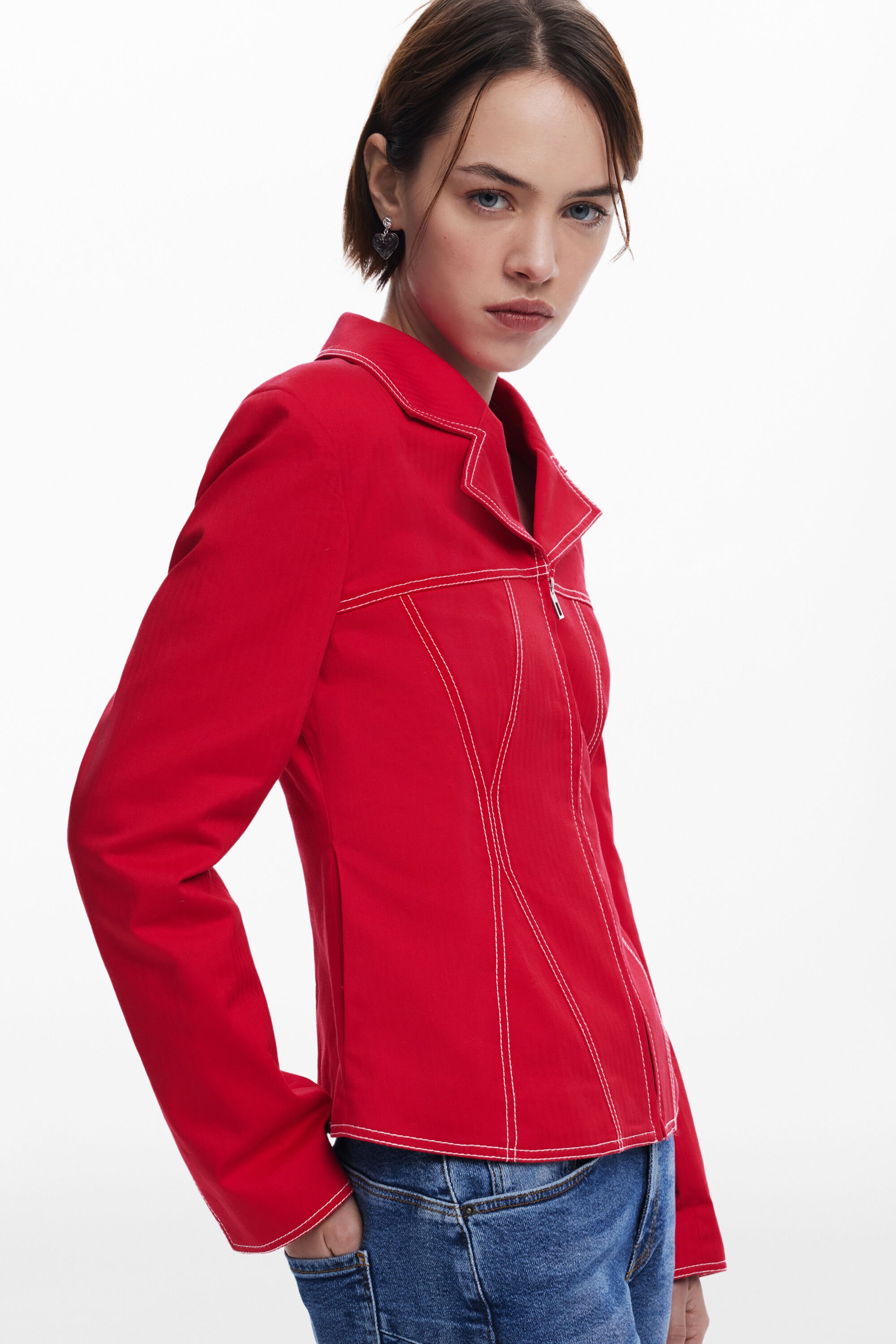 Desigual Topstitch Detail Stretch Cotton Jacket In Red
