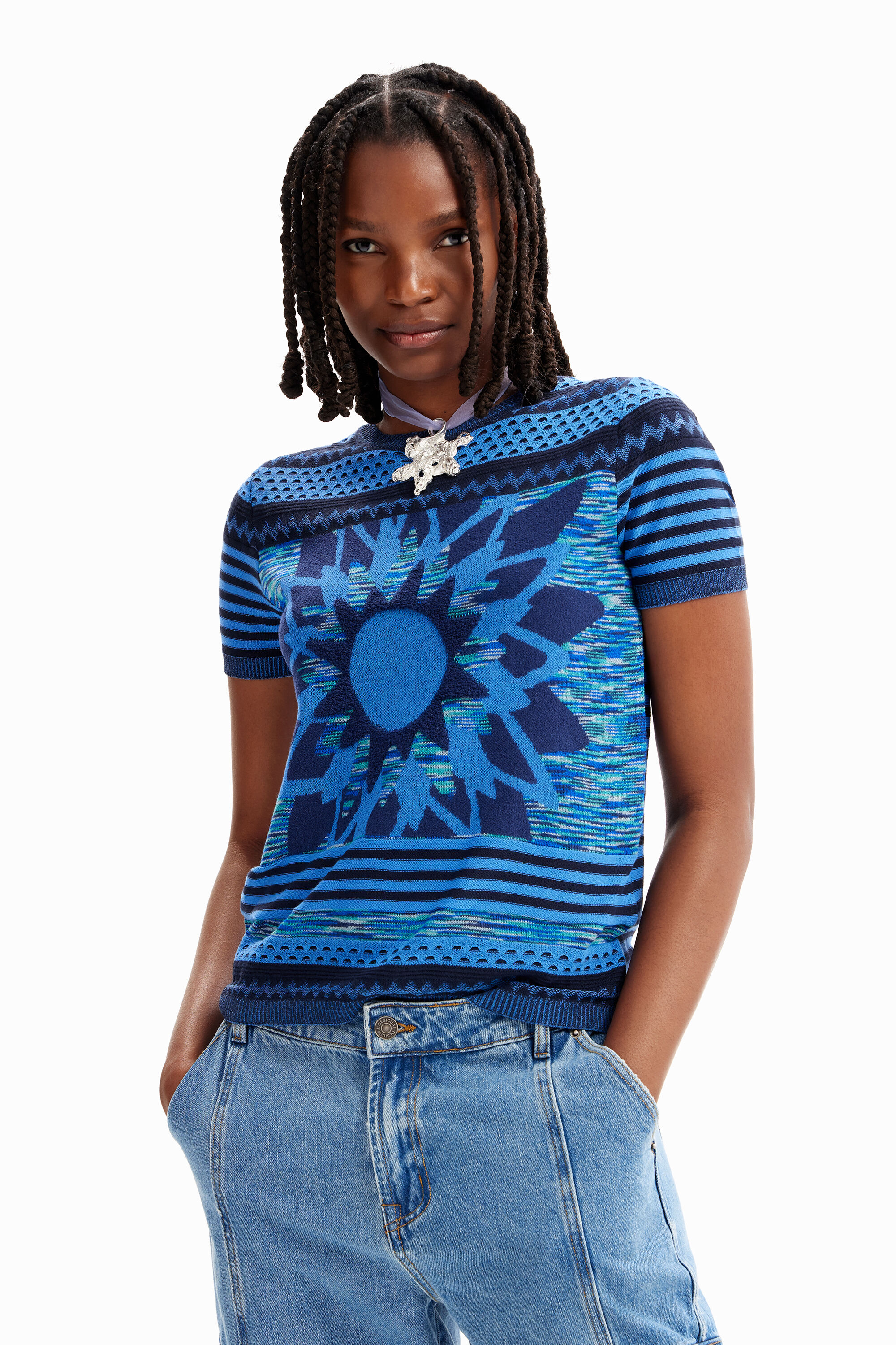 Knit flower T-shirt - BLUE - XXL