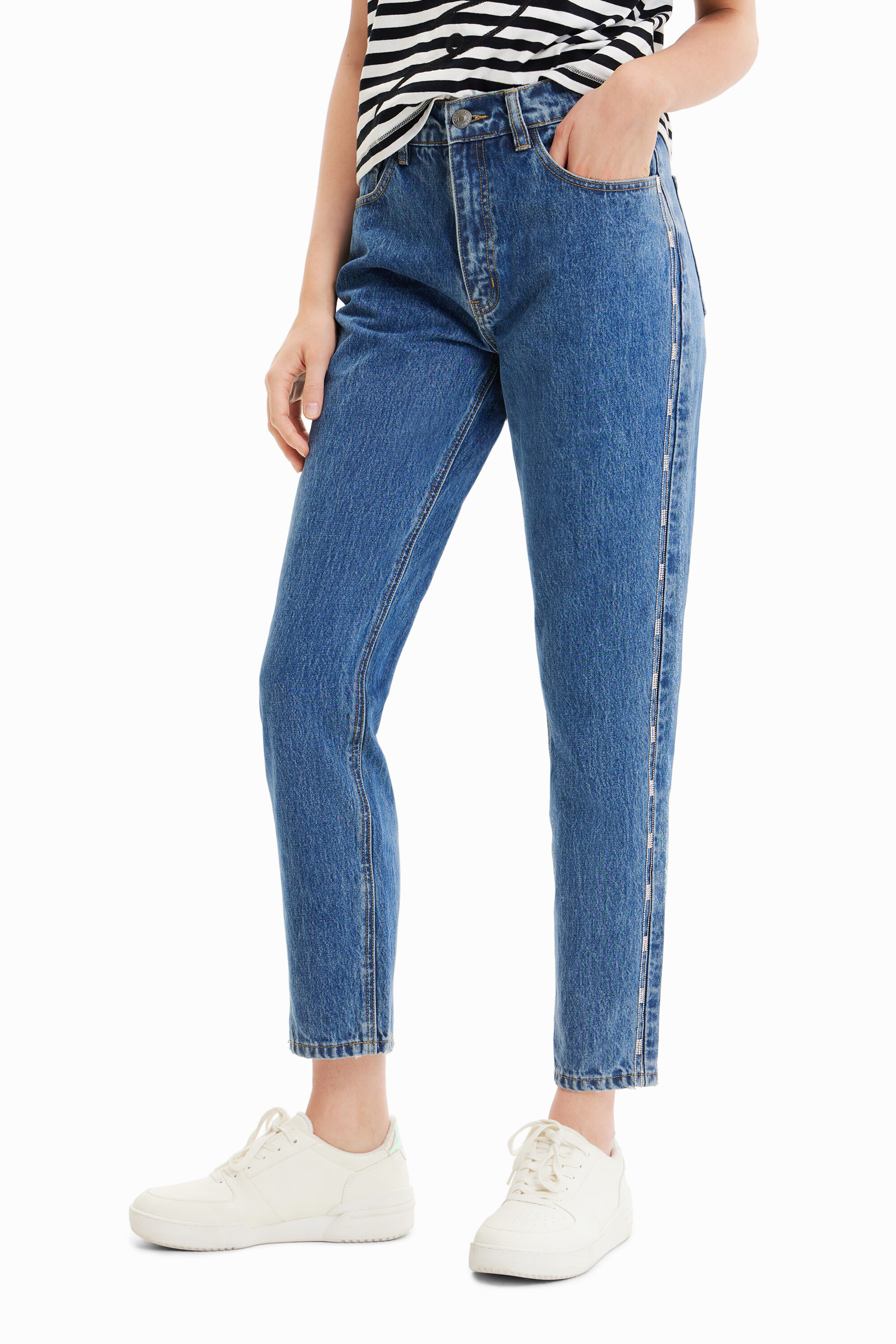 Desigual Rhinestone Mom Jeans In Blue