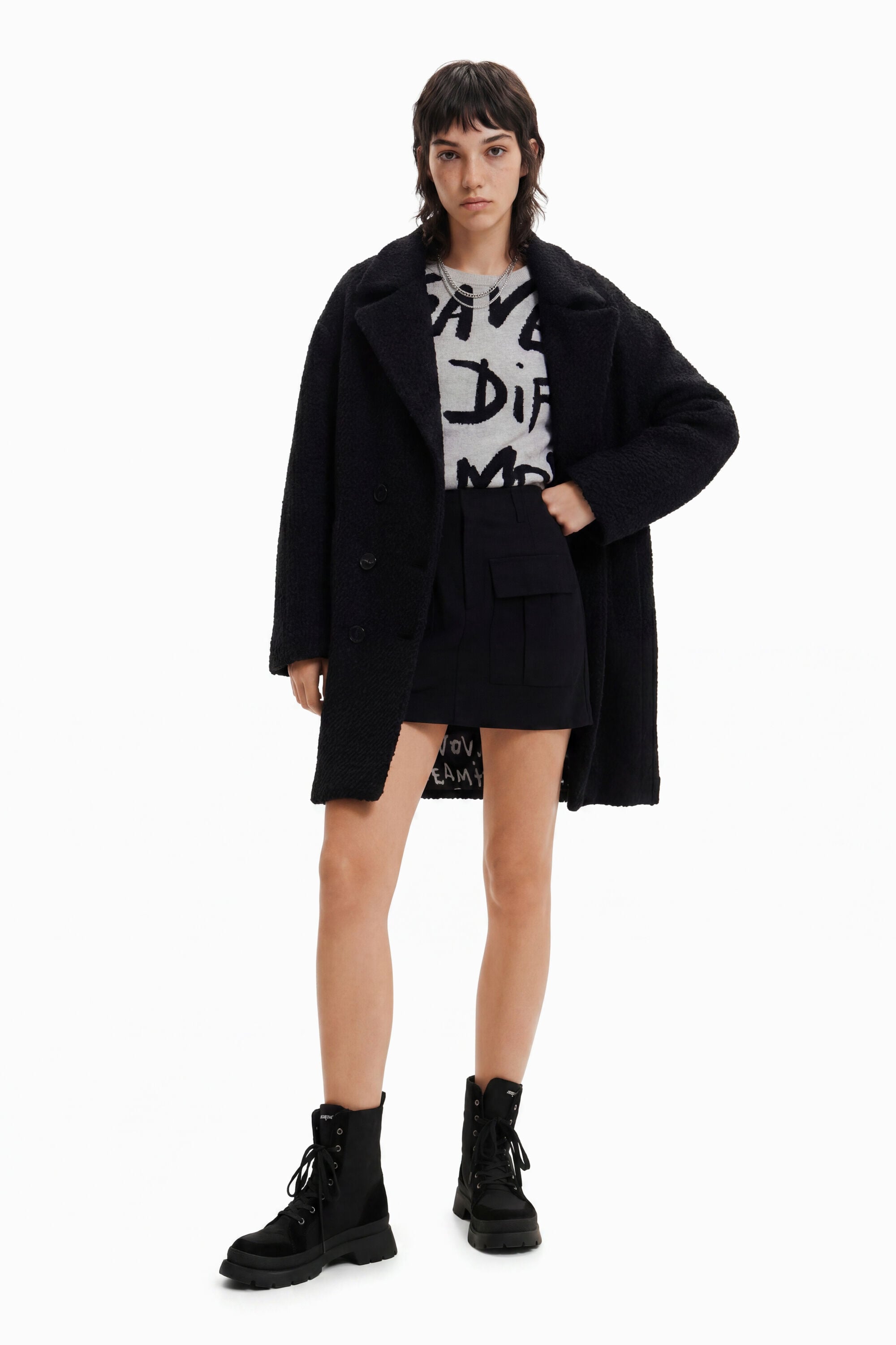 Desigual, Abrigo recto lana, Negro